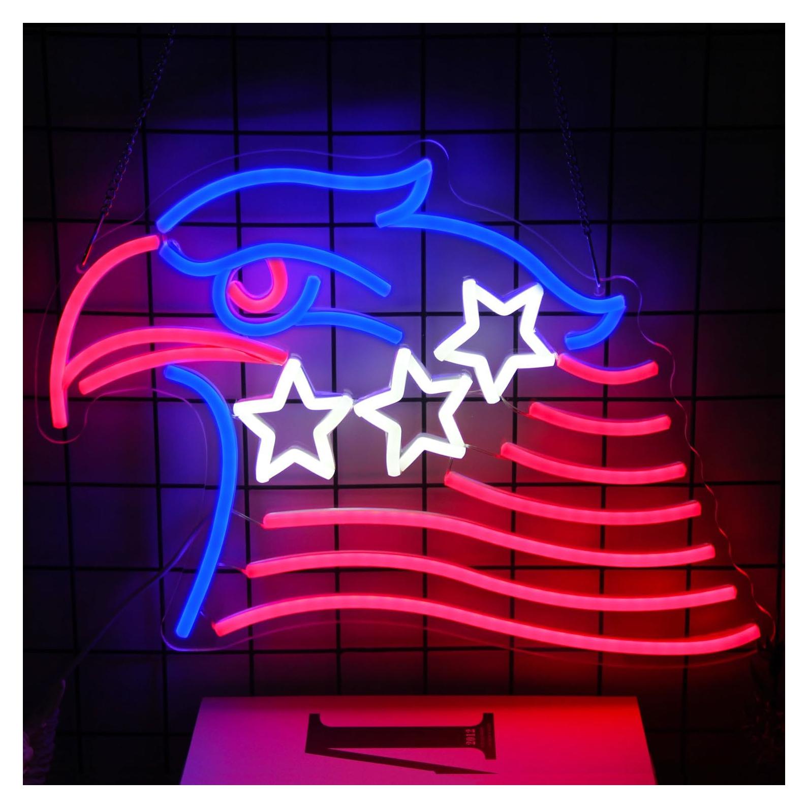 Cartel Neón LED Bandera Americana Águila 42x30 cm