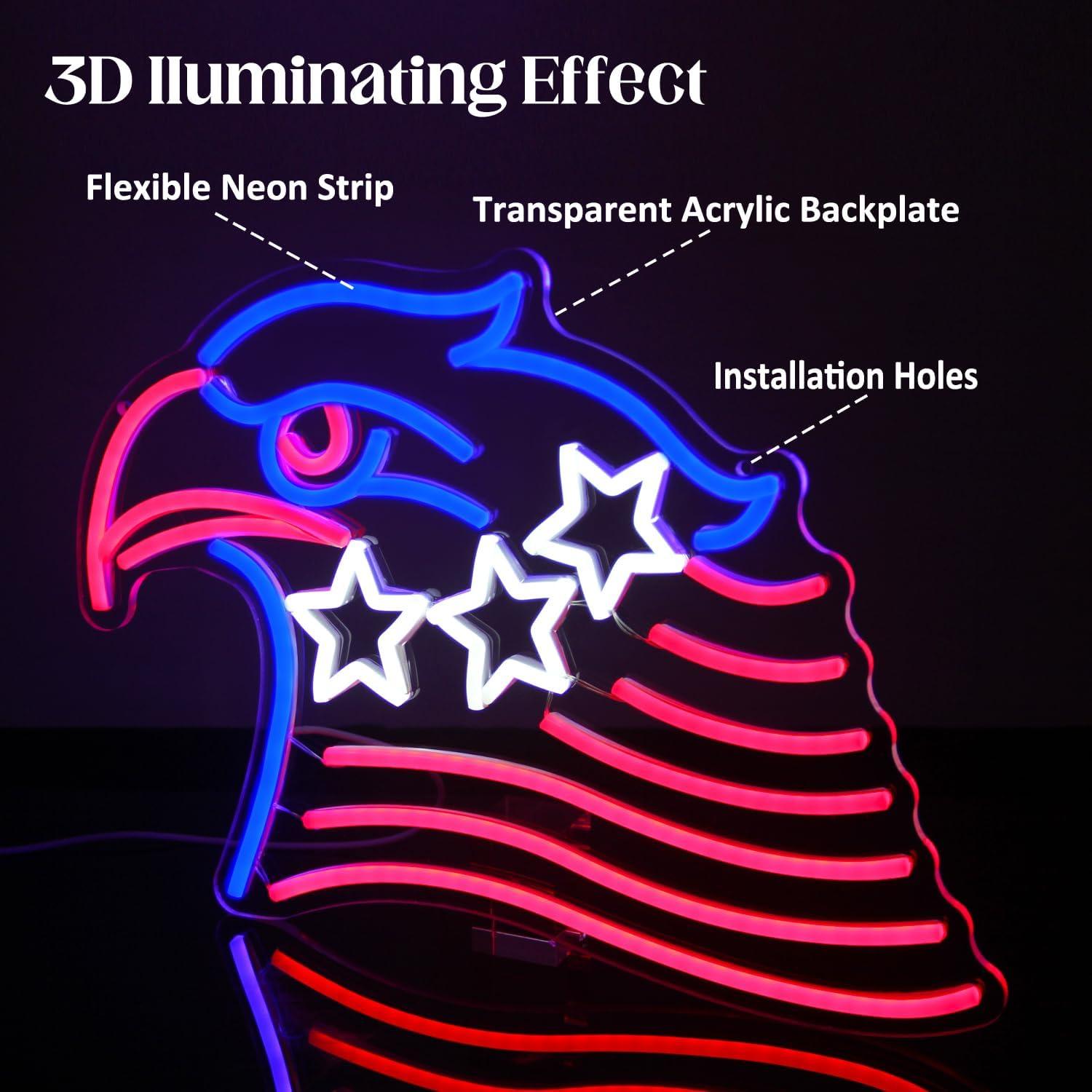 Cartel Neón LED Bandera Americana Águila 42x30 cm