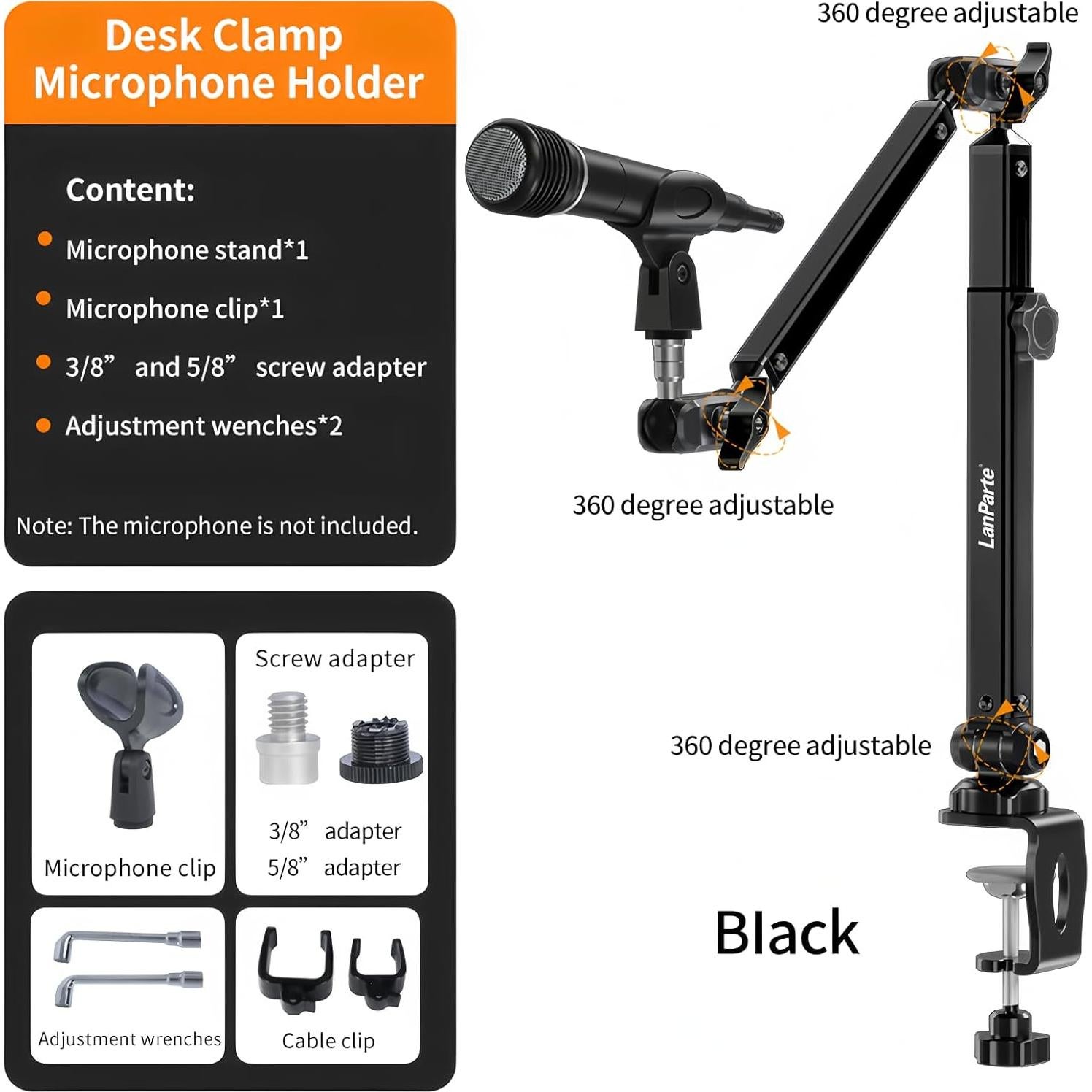 Brazo de Micrófono Ajustable Clip-On Negro Aluminio 1.5 kg