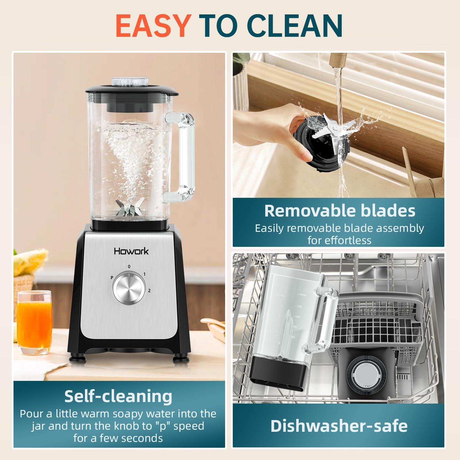 Licuadora Personal HOWORK 750W Tarro Vidrio 1.6L 2 Velocidades