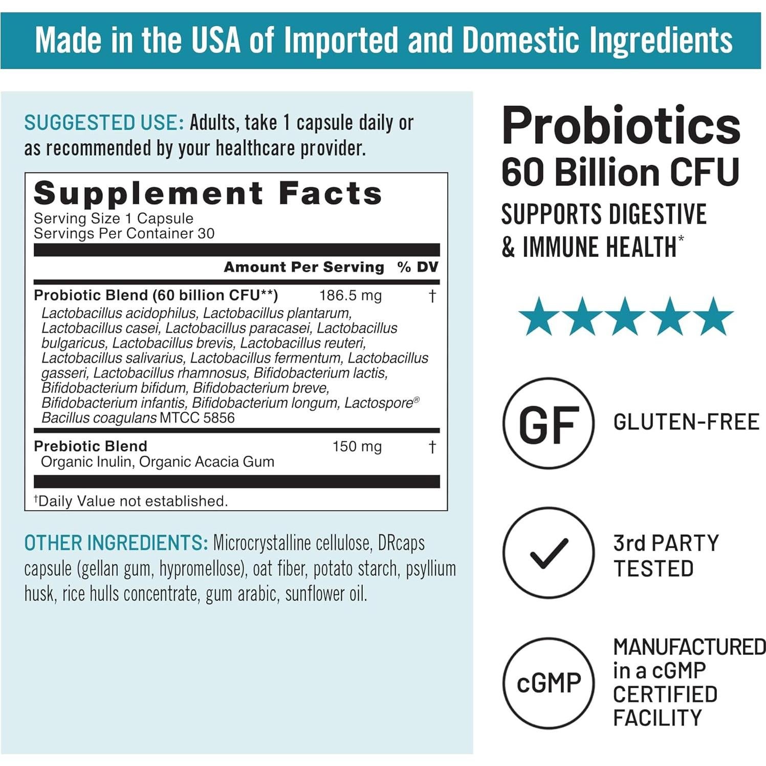 NatureWise Probióticos 60 Mil Millones CFU - 30 Cápsulas Vegetariano