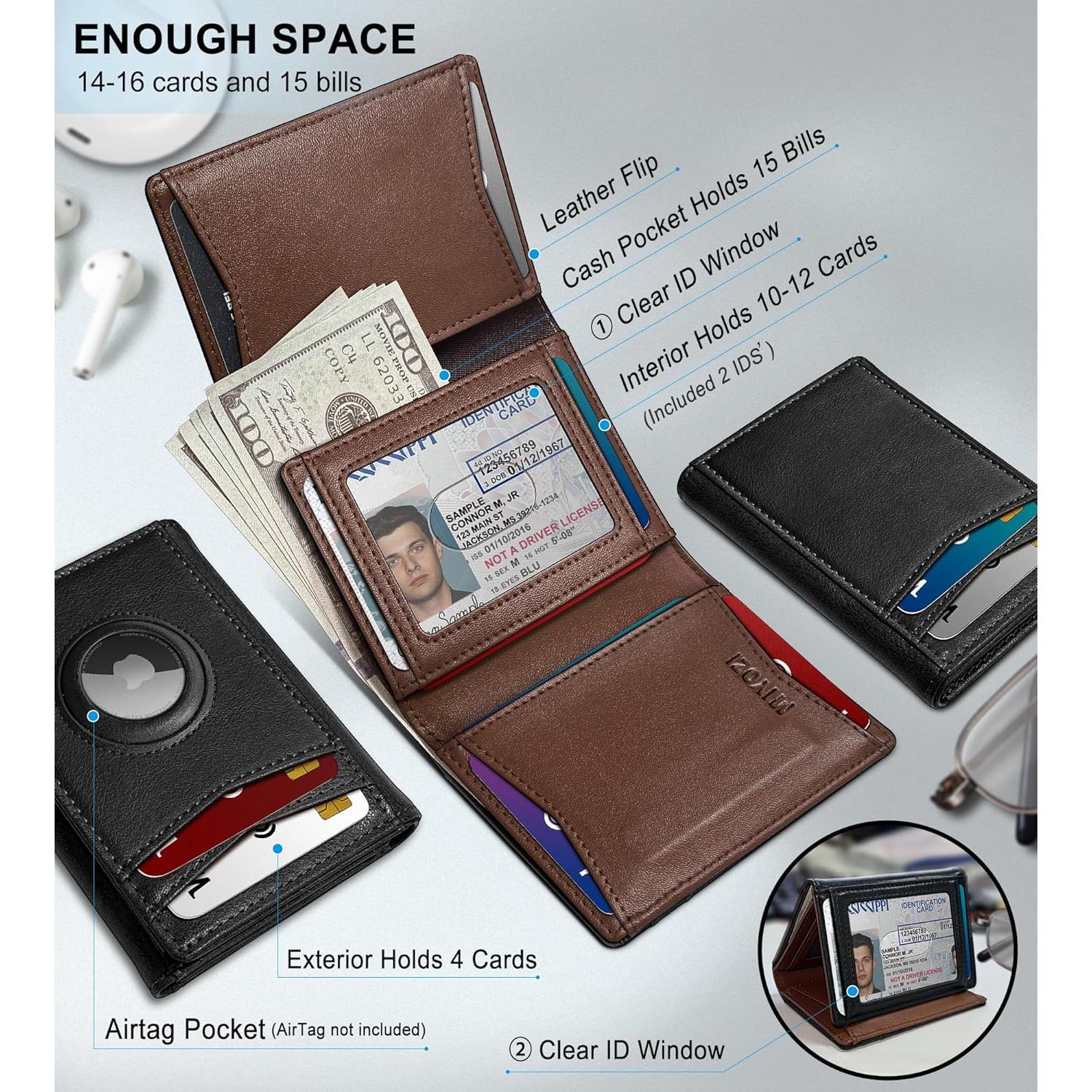 Billetera Airtag para hombres MIYOZI, cuero delgada, RFID, 14-16 tarjetas