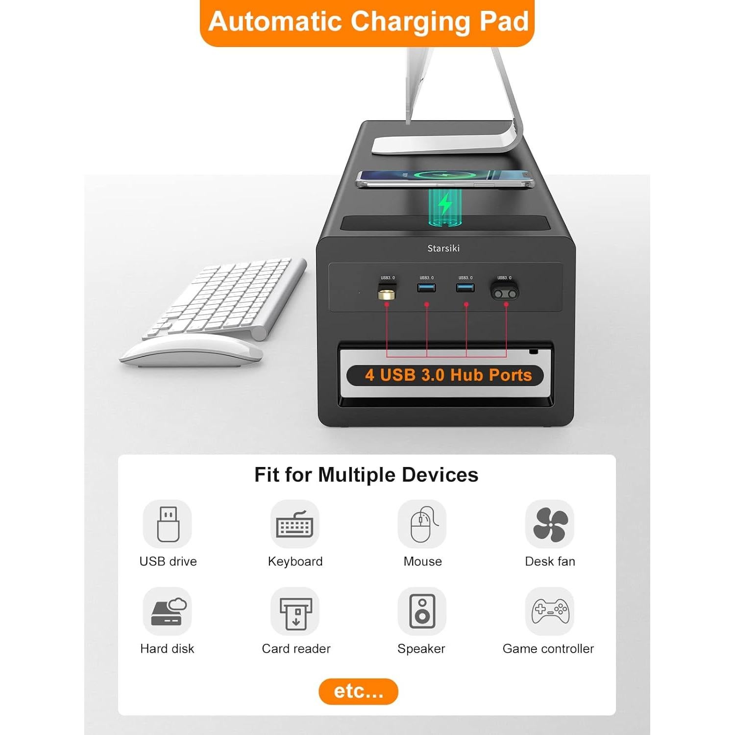 Soporte de Monitor Doble STARSIKI con Cargador Inalámbrico y 4 USB
