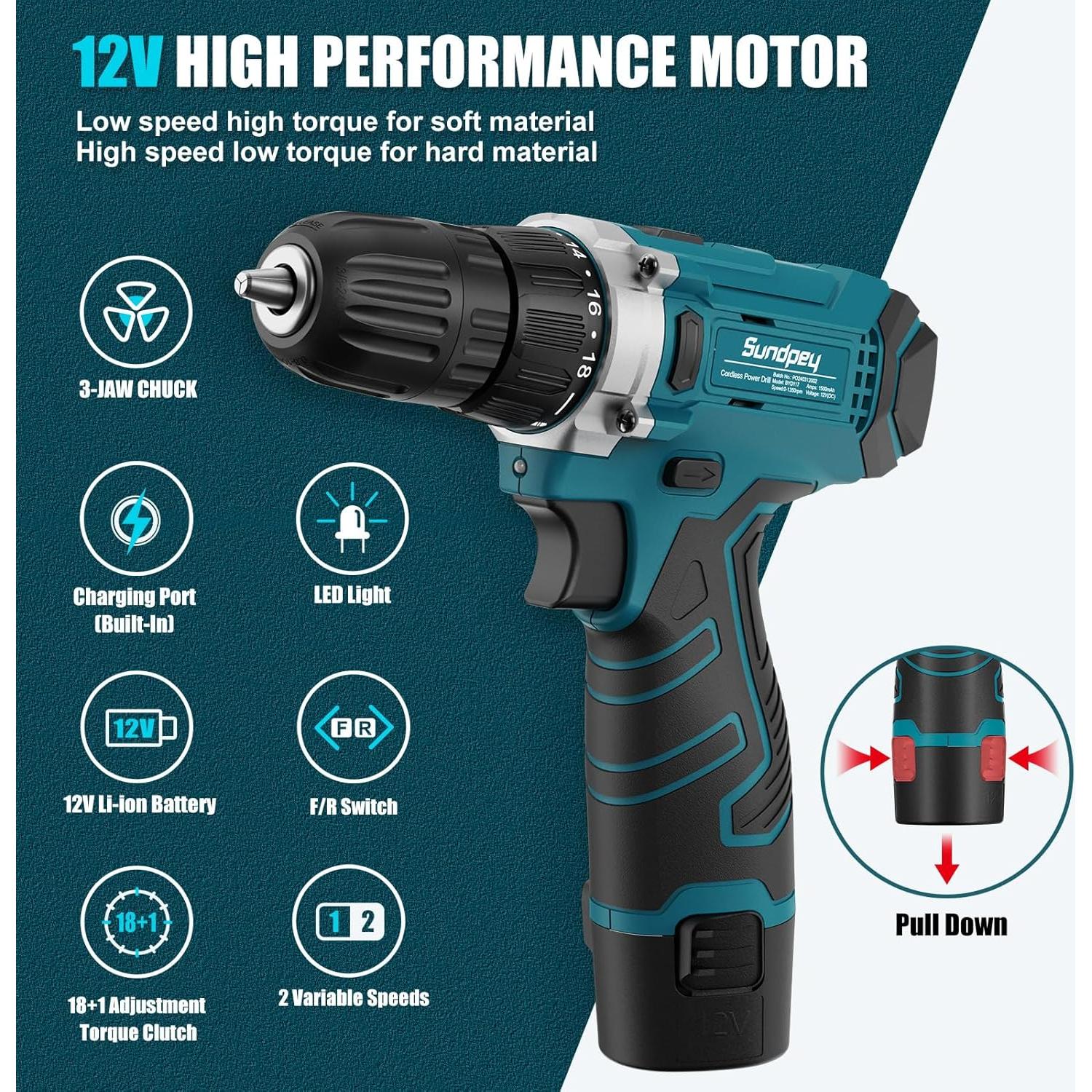 Kit de Herramientas Sundpey 206 Piezas con Taladro Inalámbrico 12V