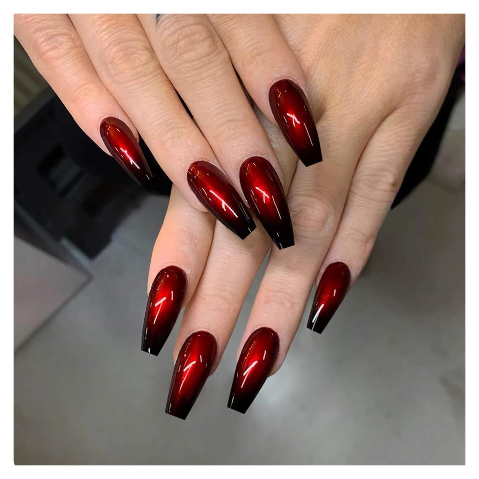 Uñas Postizas Largas Coffin MISUD 24 pcs Rojo Negro Gótico