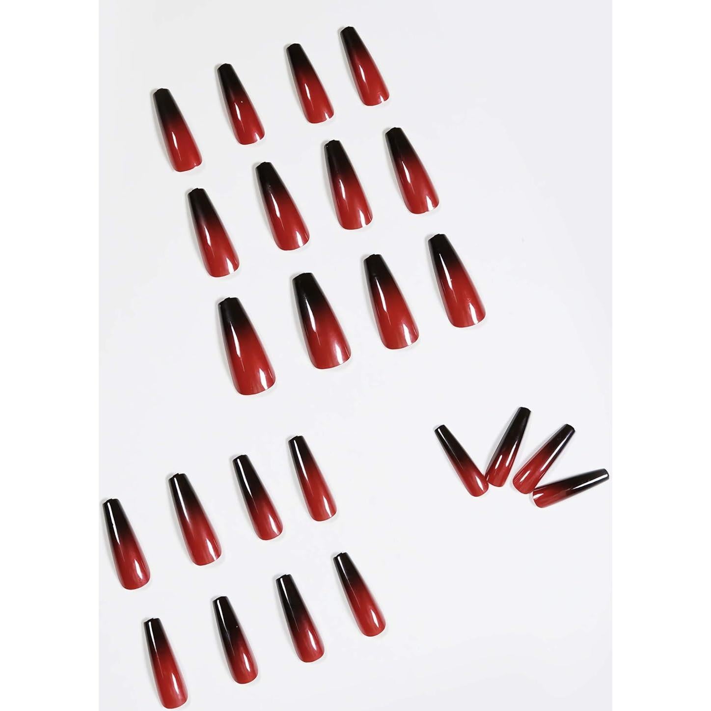 Uñas Postizas Largas Coffin MISUD 24 pcs Rojo Negro Gótico