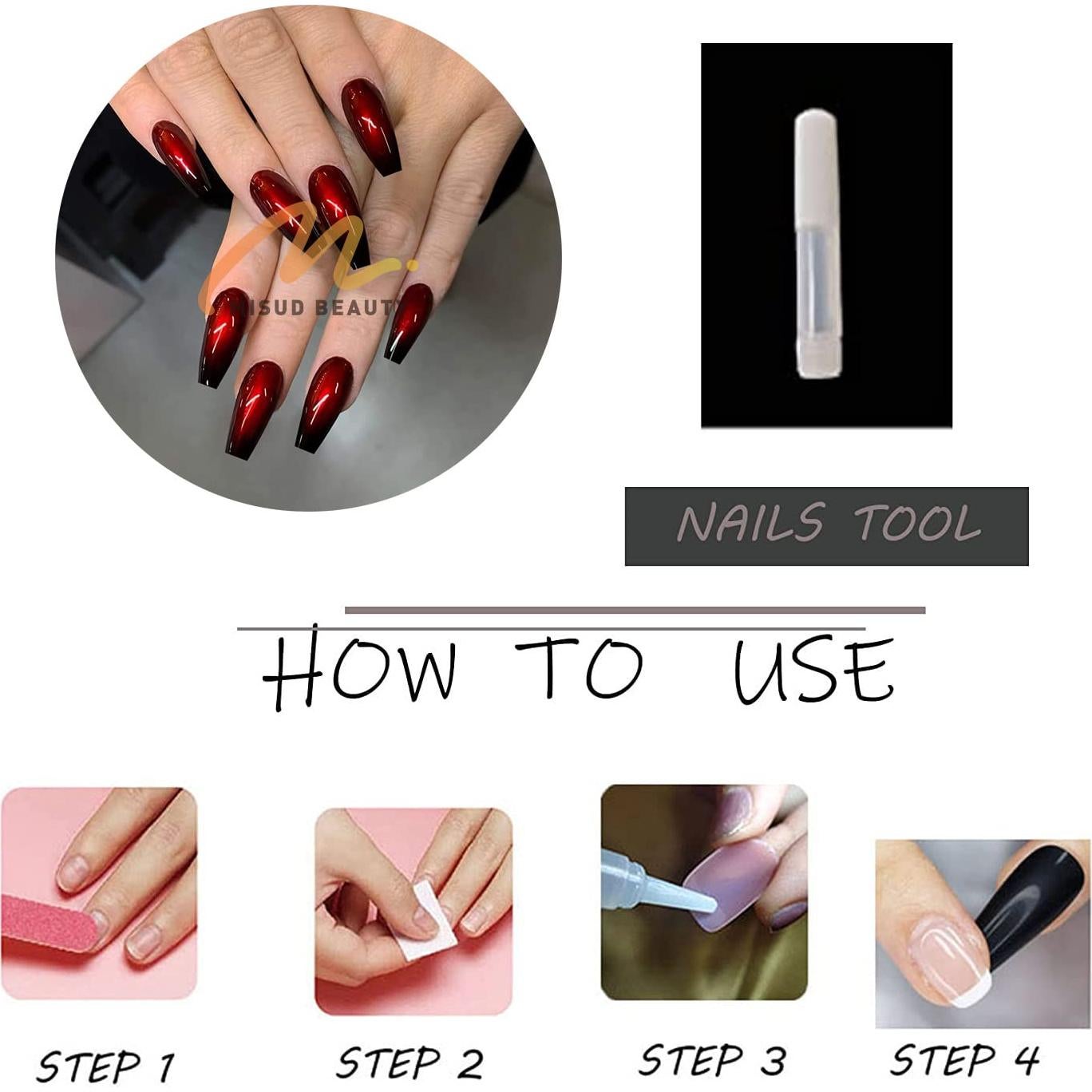 Uñas Postizas Largas Coffin MISUD 24 pcs Rojo Negro Gótico