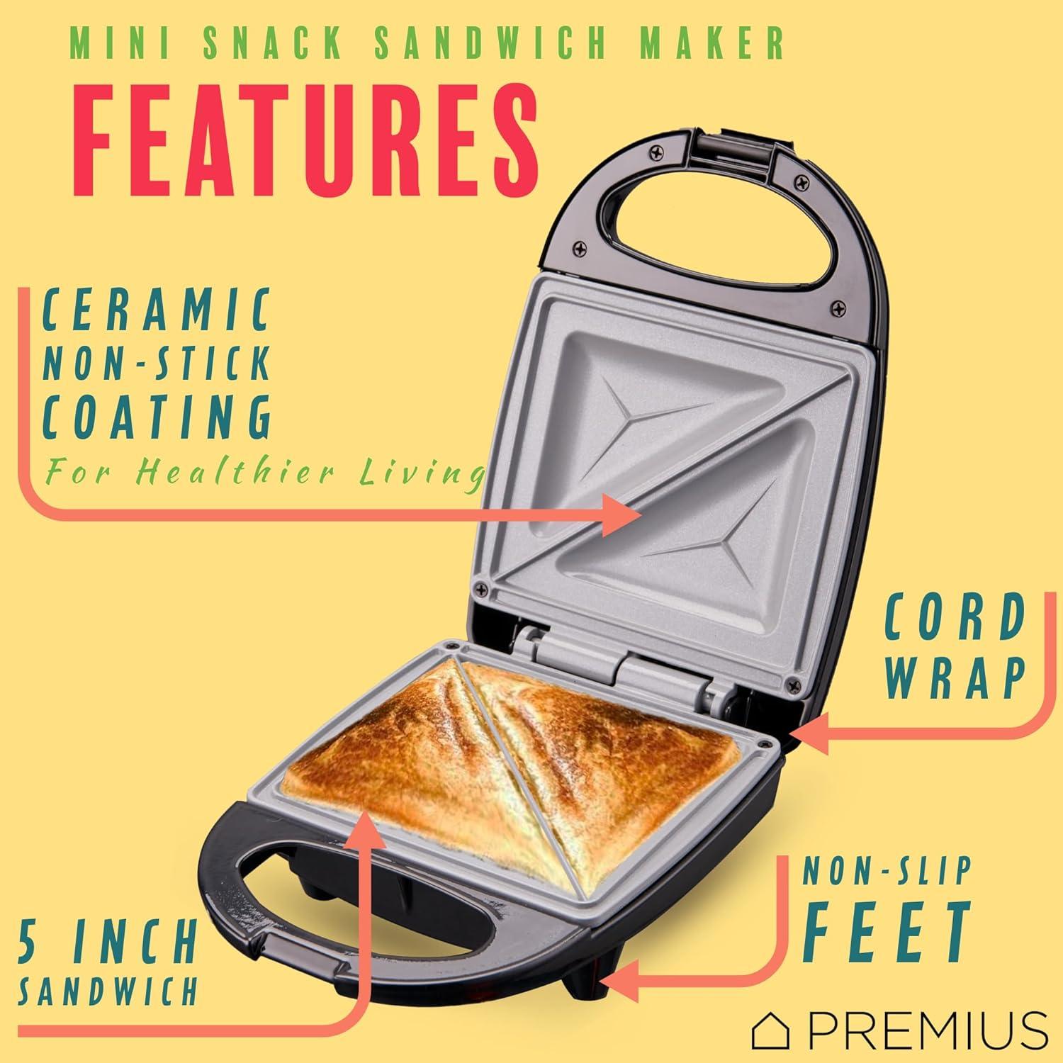 Mini Sandwichera Cerámica Antiadherente PREMIUS 520W Negro