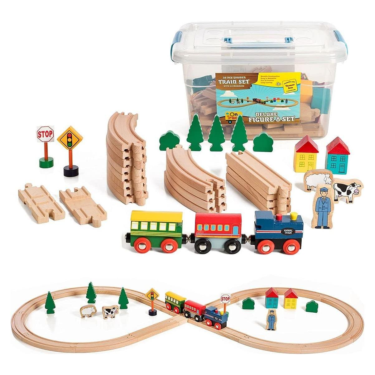 Juego de tren de madera 35 piezas On Track USA con vías magnéticas