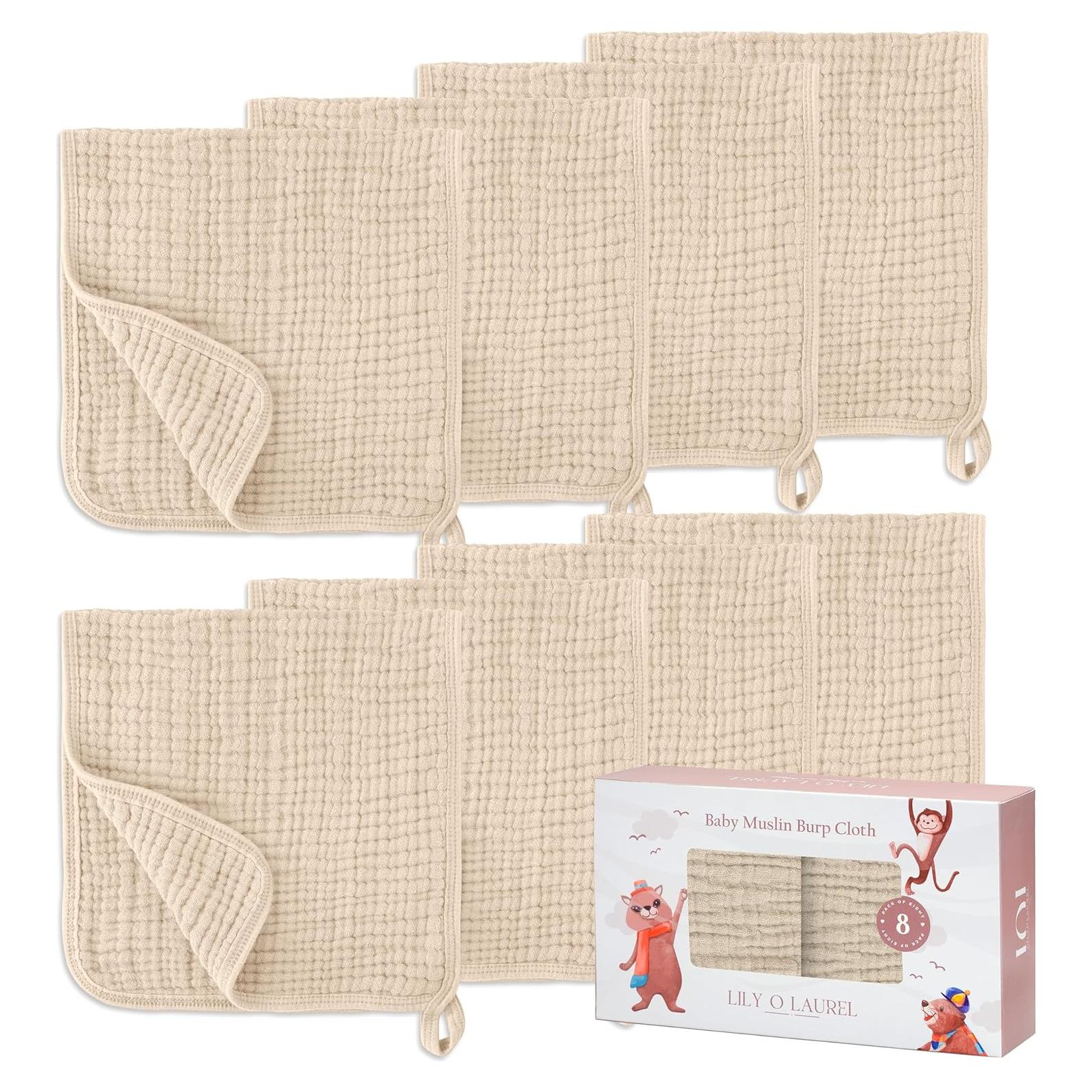 Muslin Burp Cloths, 20"x10"- Pack of 8, 6 Layers Super Soft Absorbent & Breathable 100% Cotton for Baby Drool and Messes, Burp Cloth Baby Boy and Burp Cloths Baby Girl
