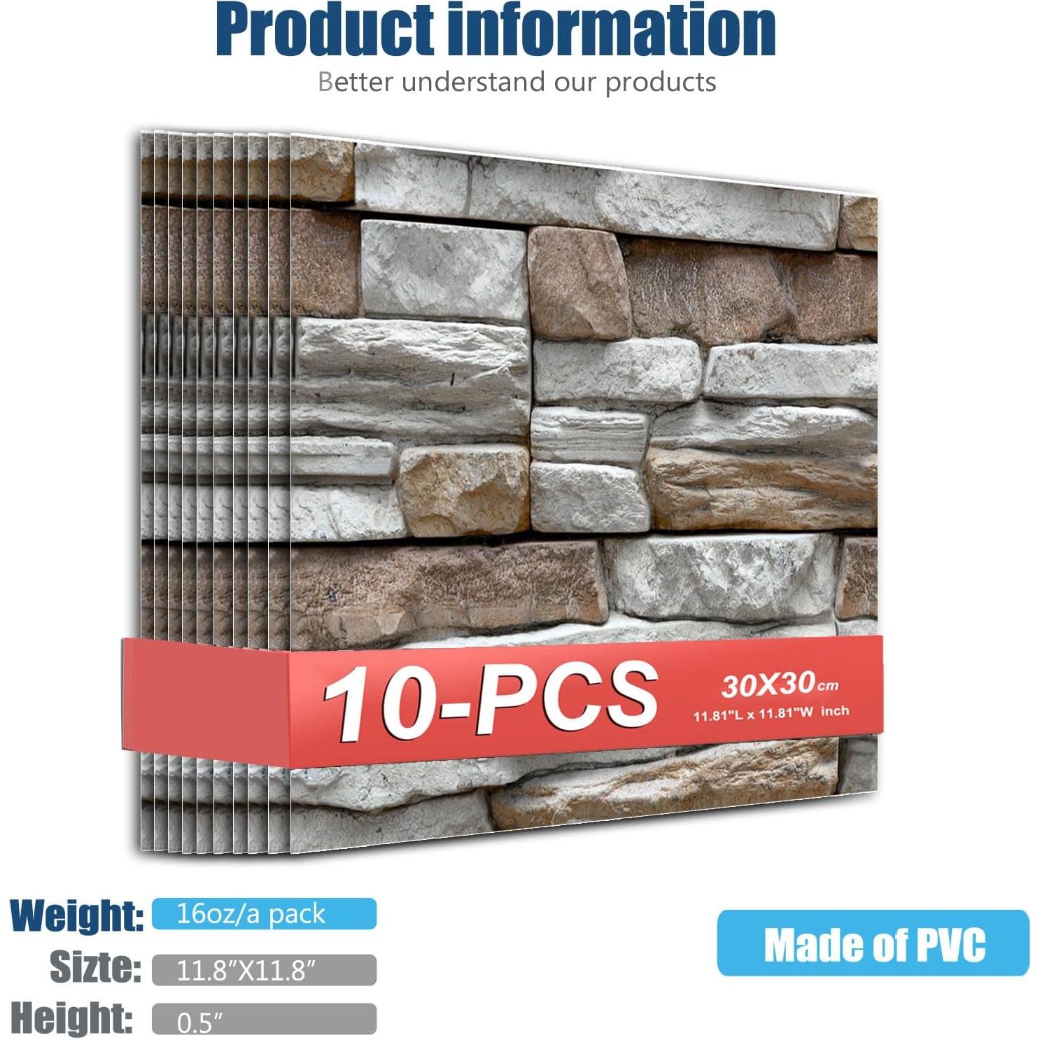 Paneles de Pared 3D Autoadhesivos PVC Gris Roca 10PCS 30x30cm