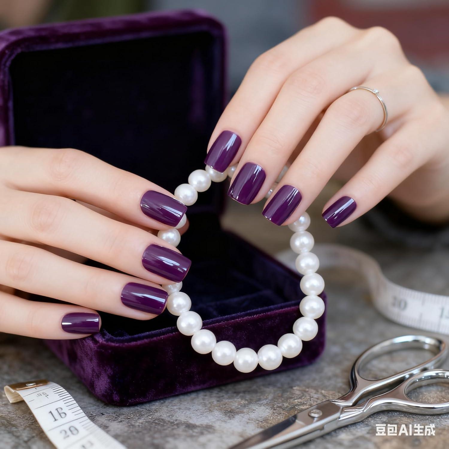 Uñas Postizas Cortas Cuadradas Moradas Brillantes Elevenail