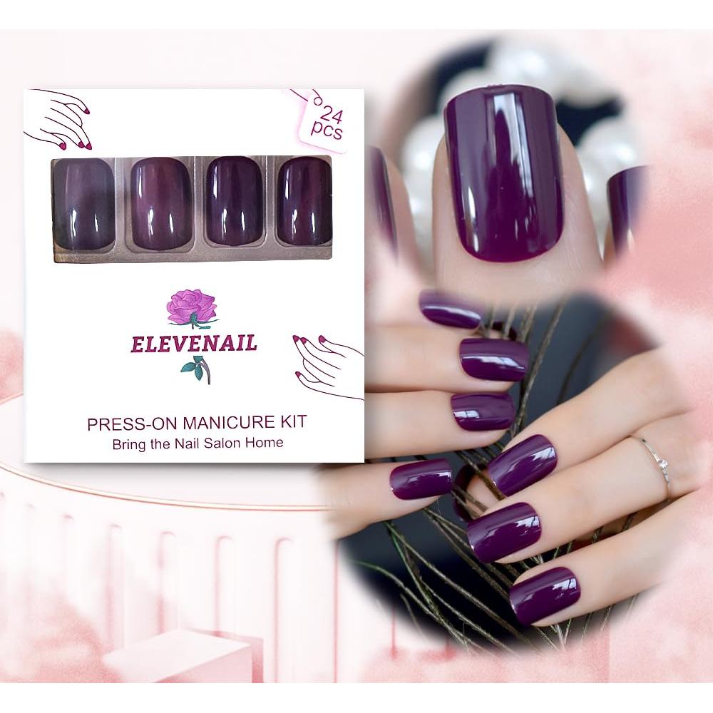 Uñas Postizas Cortas Cuadradas Moradas Brillantes Elevenail