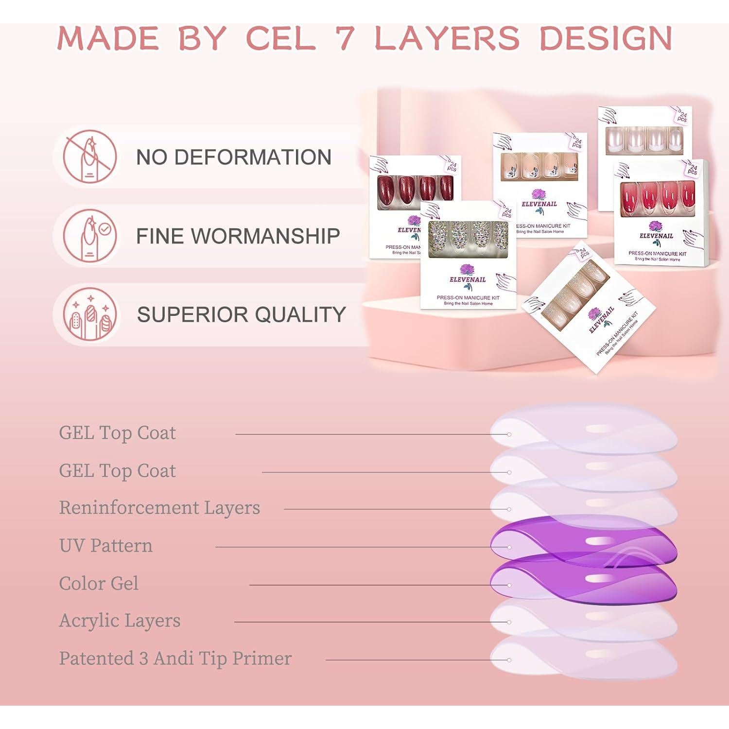 Uñas Postizas Cortas Cuadradas Moradas Brillantes Elevenail