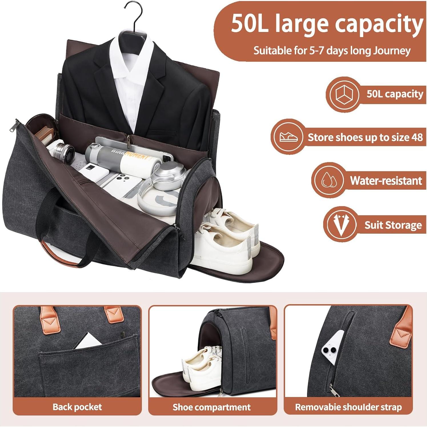 Bolsa de viaje 2 en 1 para hombres Lona Negra 50L