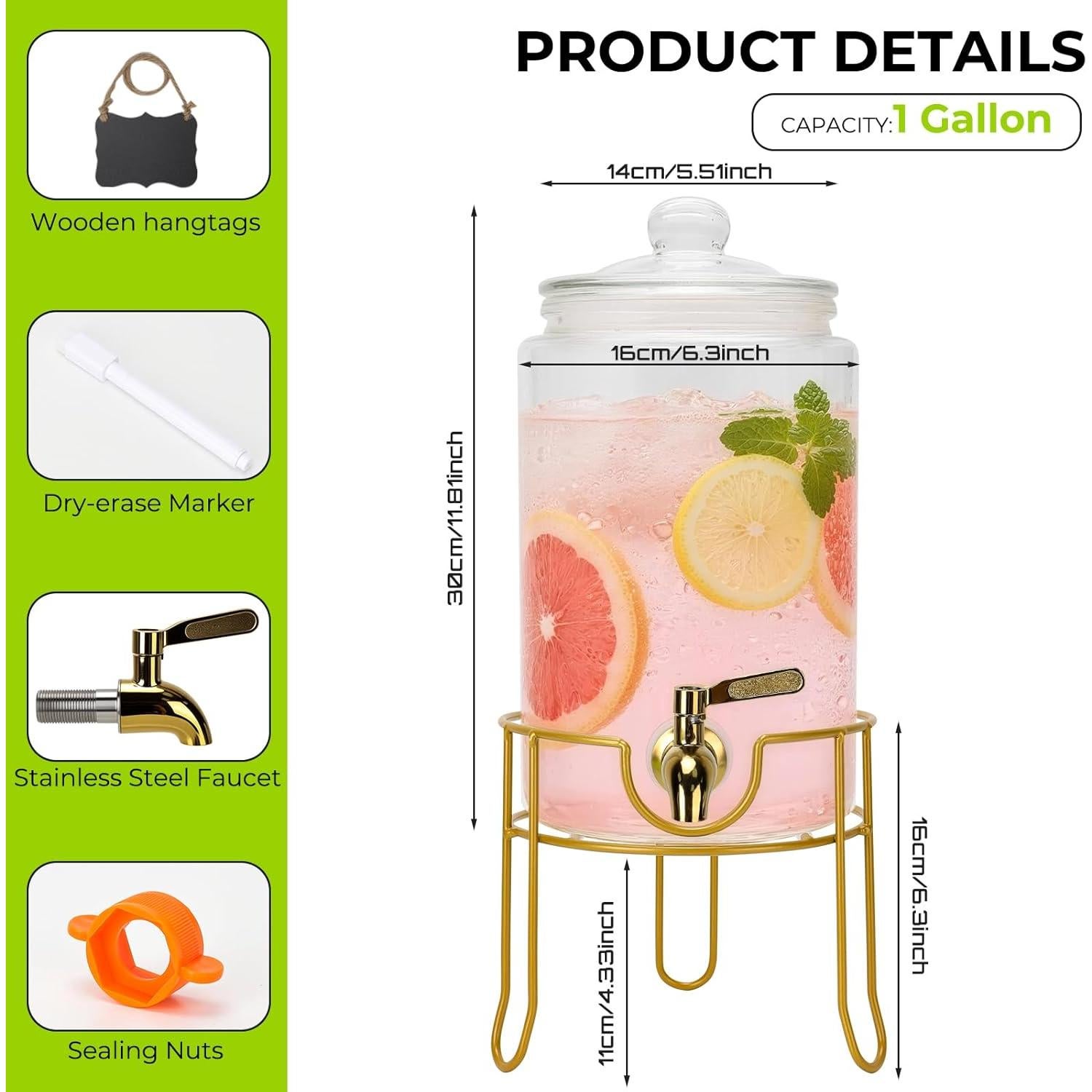 Dispensador de Bebidas de Vidrio Betrome 3.785L con Grifo Inoxidable