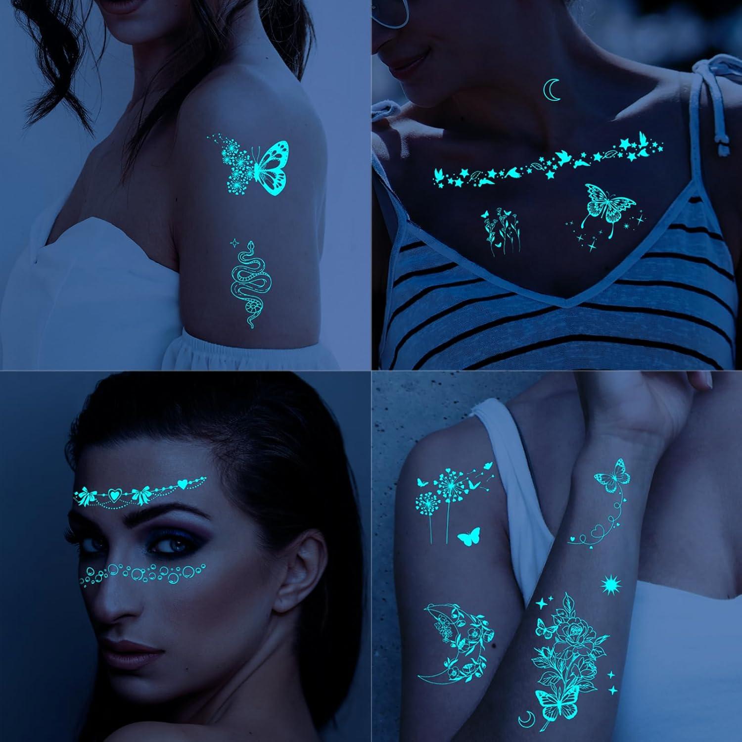 Tatuaje Temporal Mariposa Azul Briyhose 9 Hojas Brilla en la Oscuridad