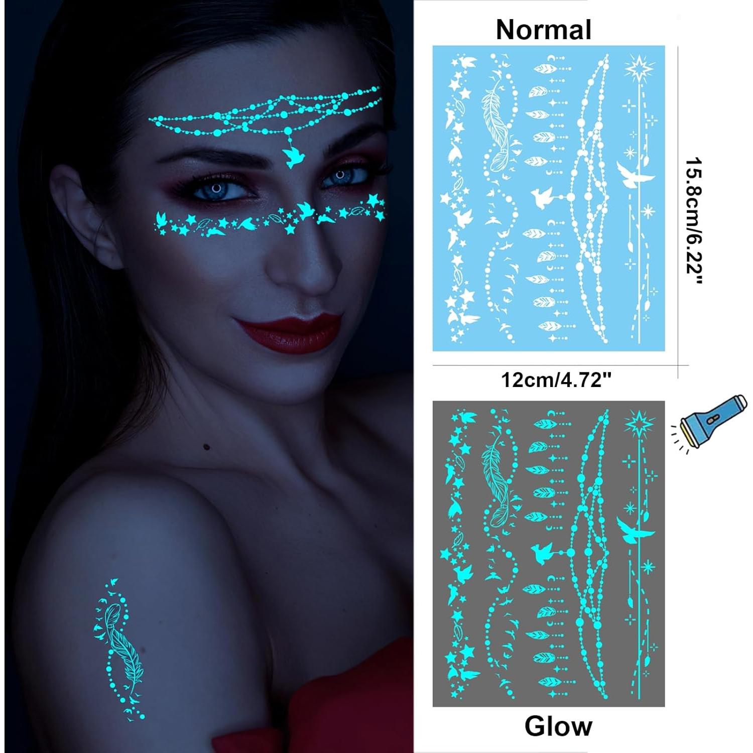 Tatuaje Temporal Mariposa Azul Briyhose 9 Hojas Brilla en la Oscuridad