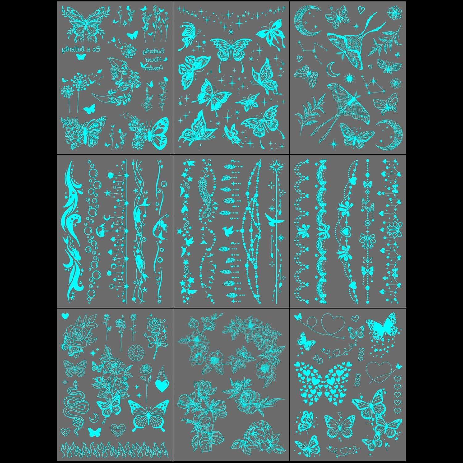 Tatuaje Temporal Mariposa Azul Briyhose 9 Hojas Brilla en la Oscuridad