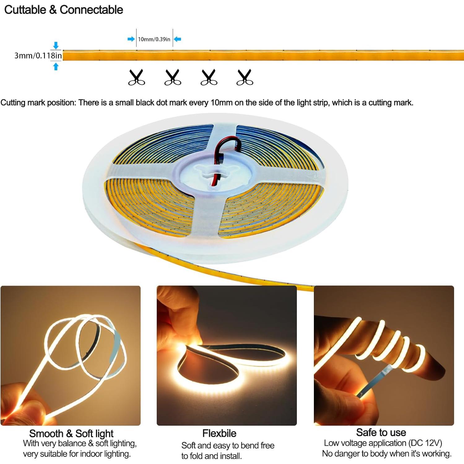 Tira de Luz LED COB 5V 3mm Blanca Cálida 3000K 5m 2000 LEDs