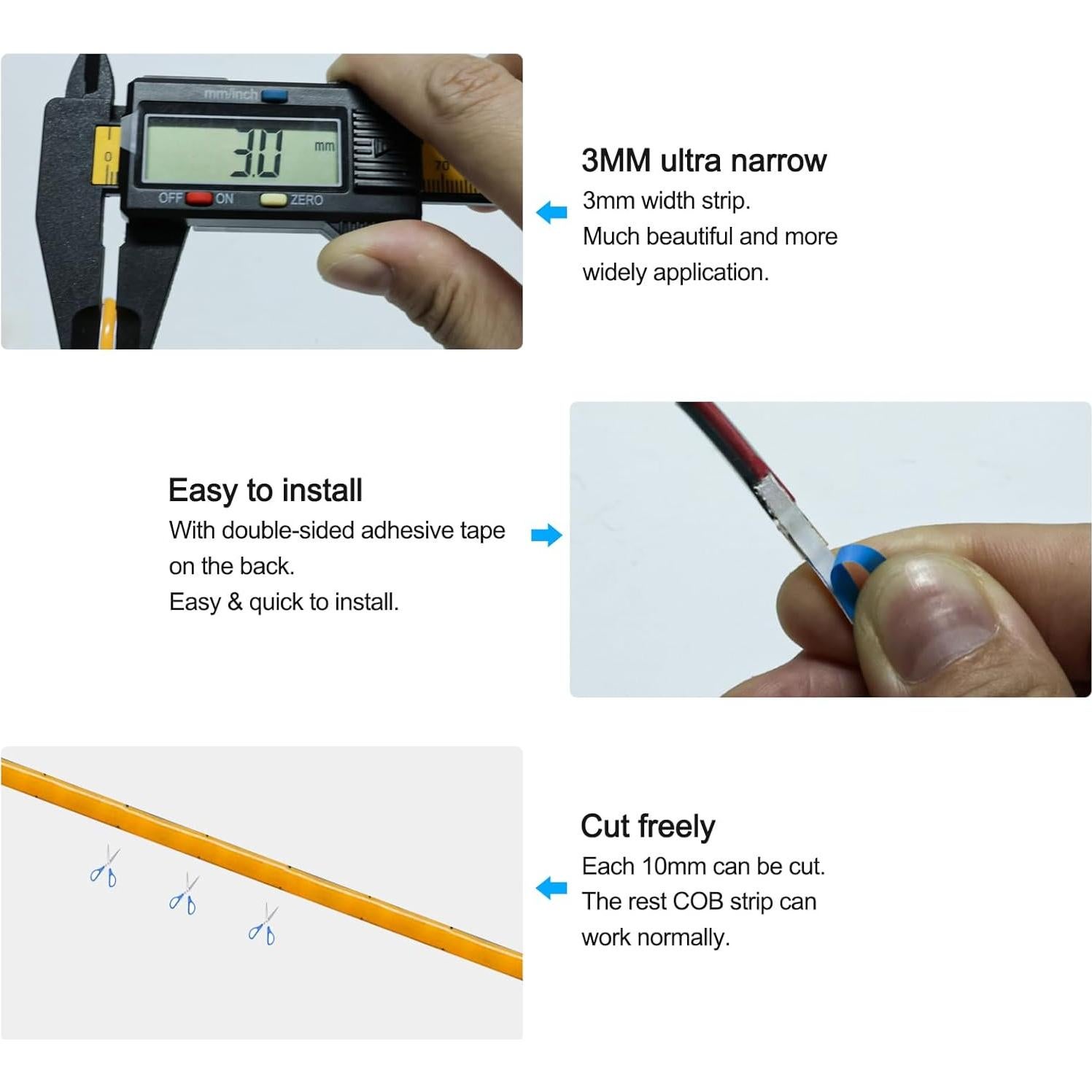 Tira de Luz LED COB 5V 3mm Blanca Cálida 3000K 5m 2000 LEDs