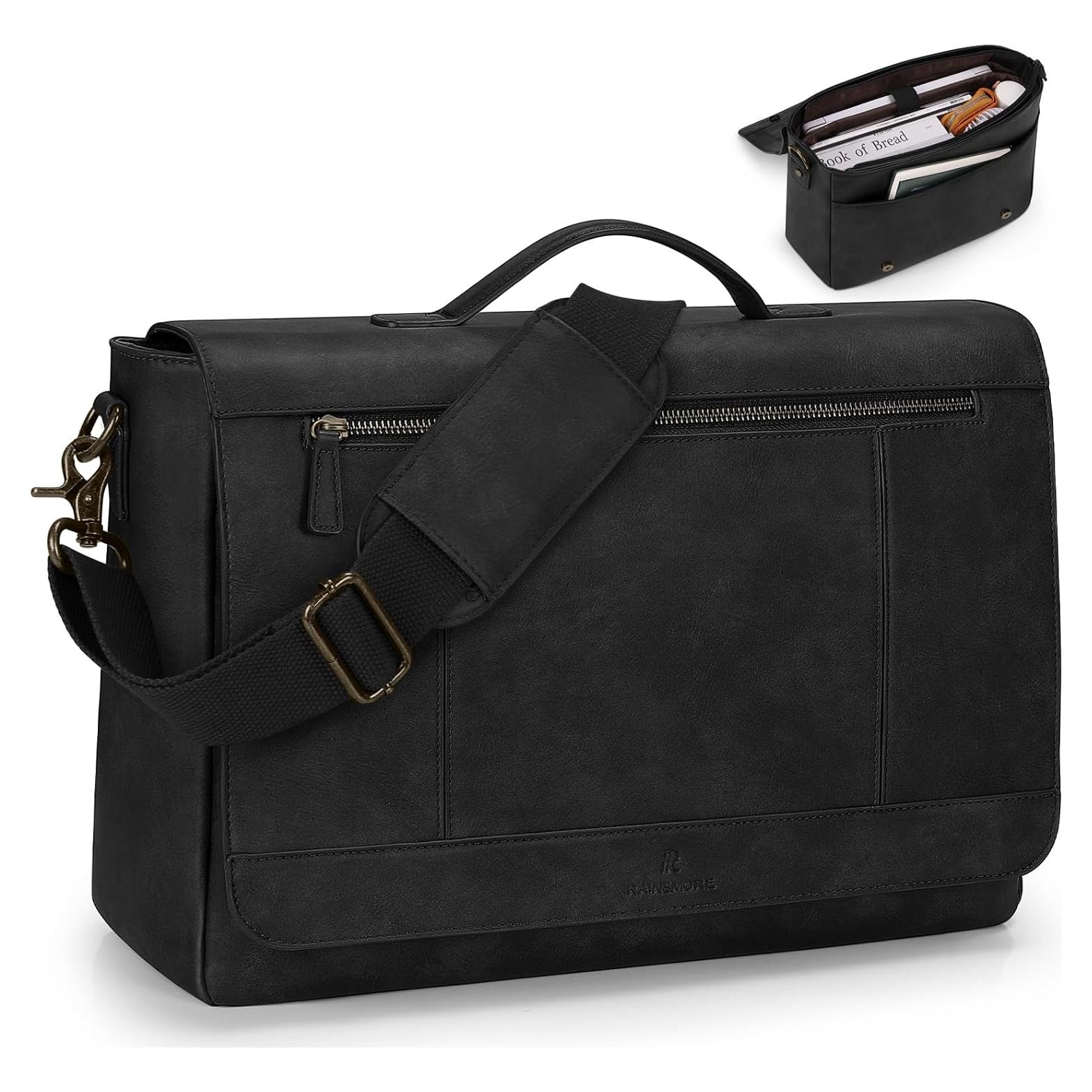 Bolsa de Mensajero de Cuero RAINSMORE para Laptop 15.6" Negra