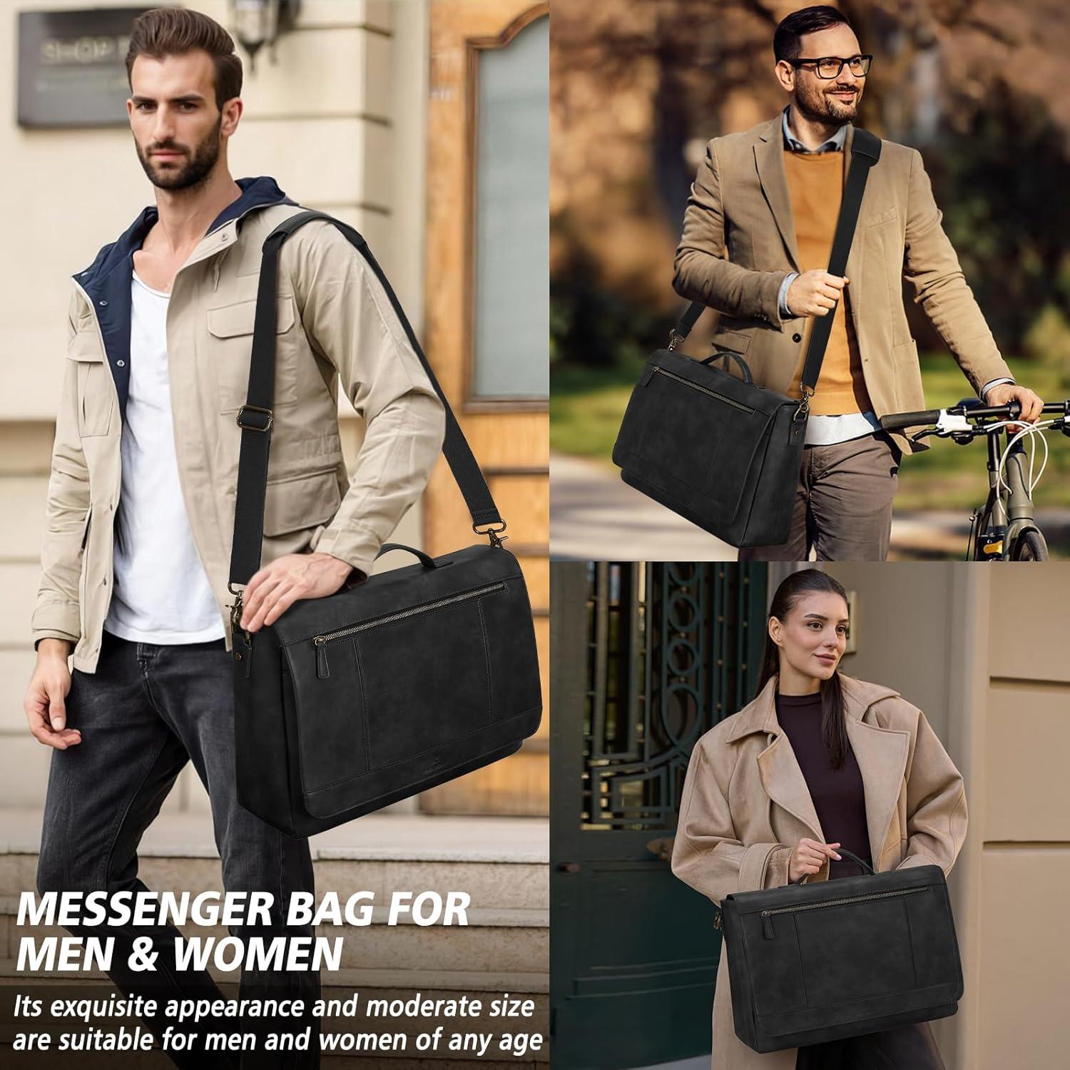 Bolsa de Mensajero de Cuero RAINSMORE para Laptop 15.6" Negra