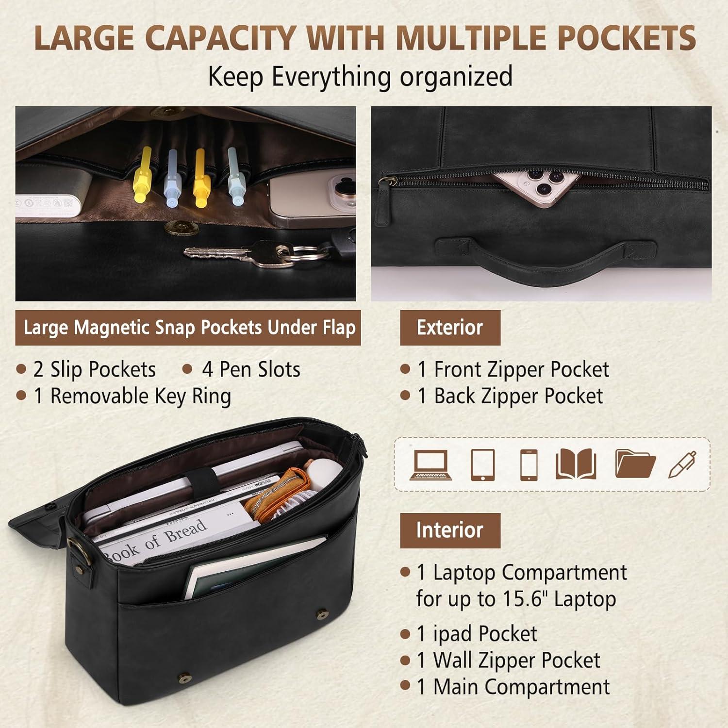 Bolsa de Mensajero de Cuero RAINSMORE para Laptop 15.6" Negra