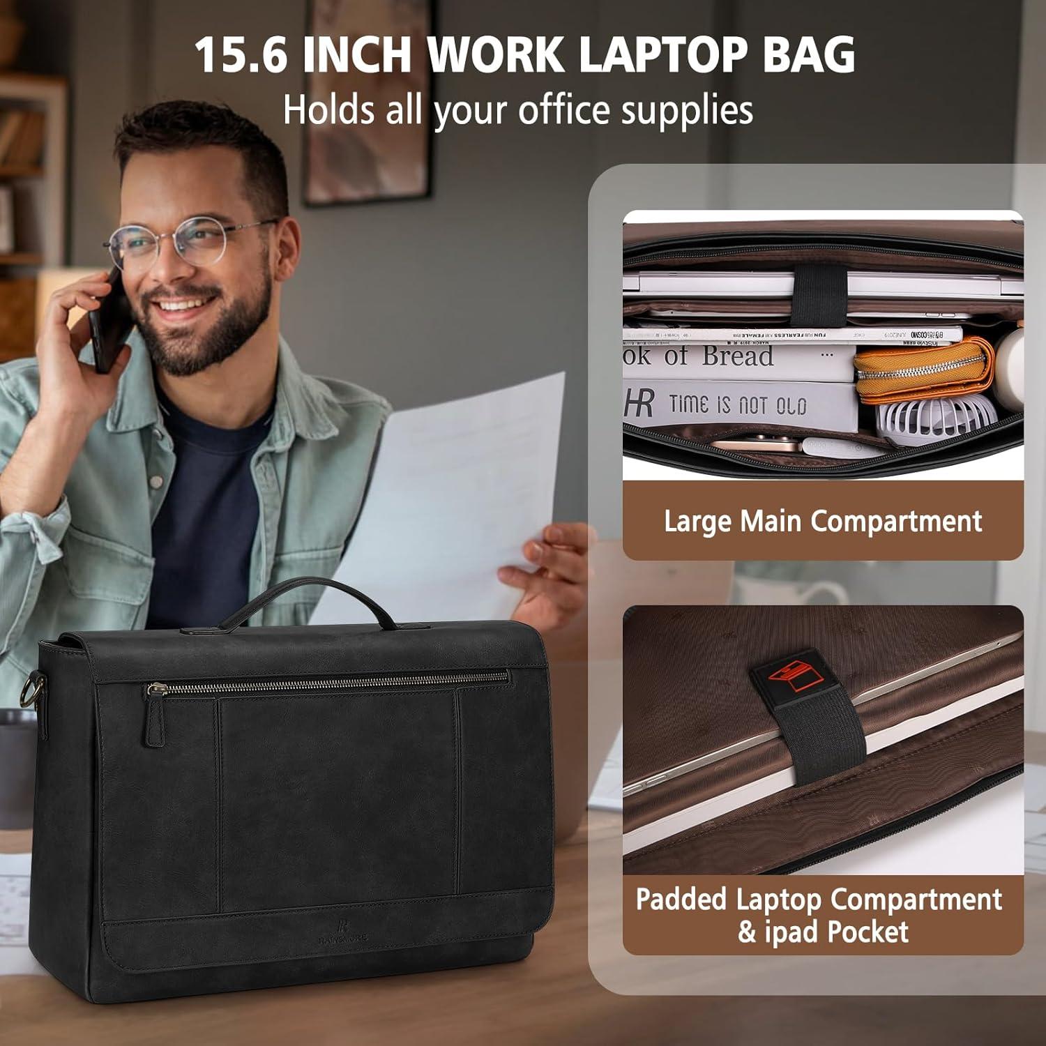 Bolsa de Mensajero de Cuero RAINSMORE para Laptop 15.6" Negra