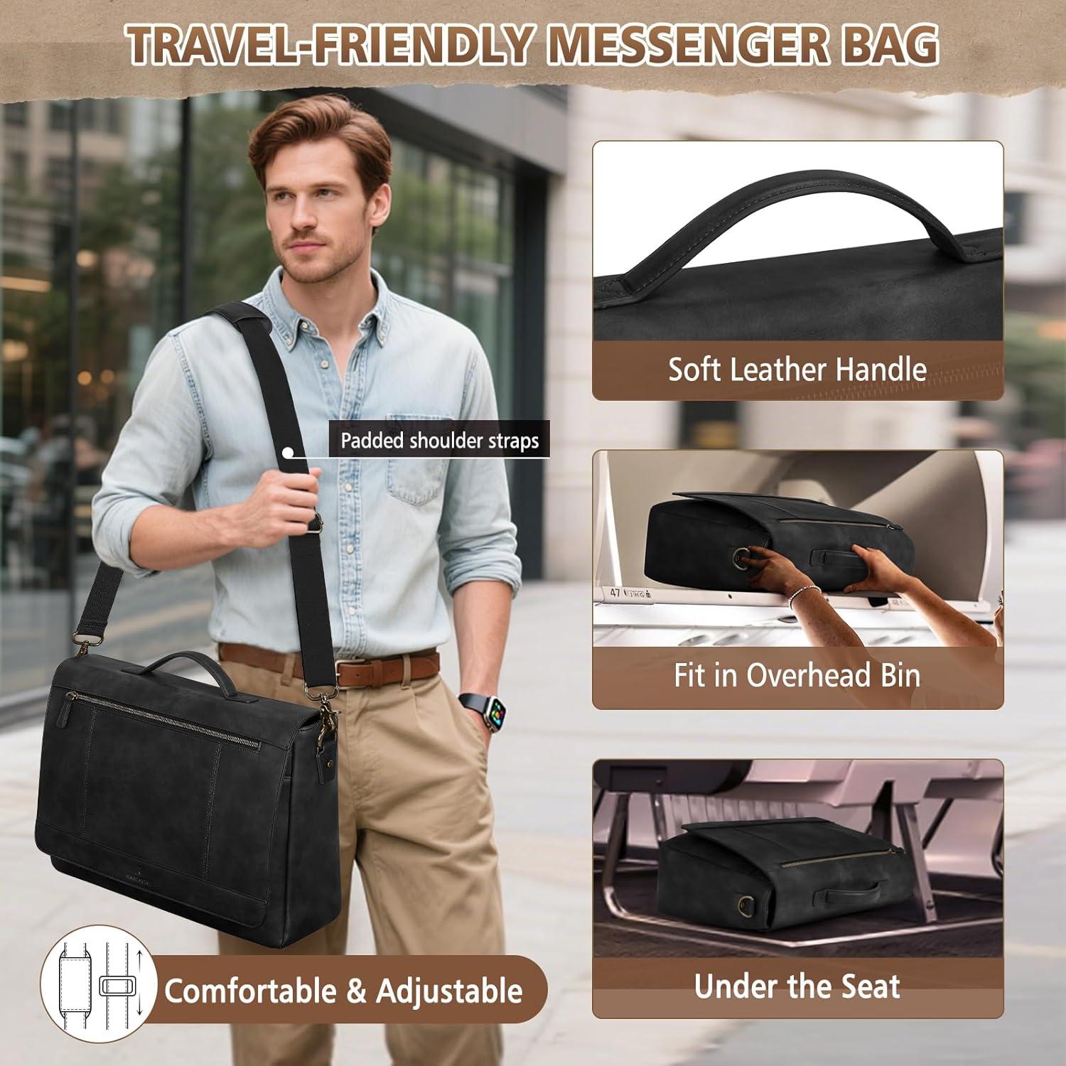 Bolsa de Mensajero de Cuero RAINSMORE para Laptop 15.6" Negra