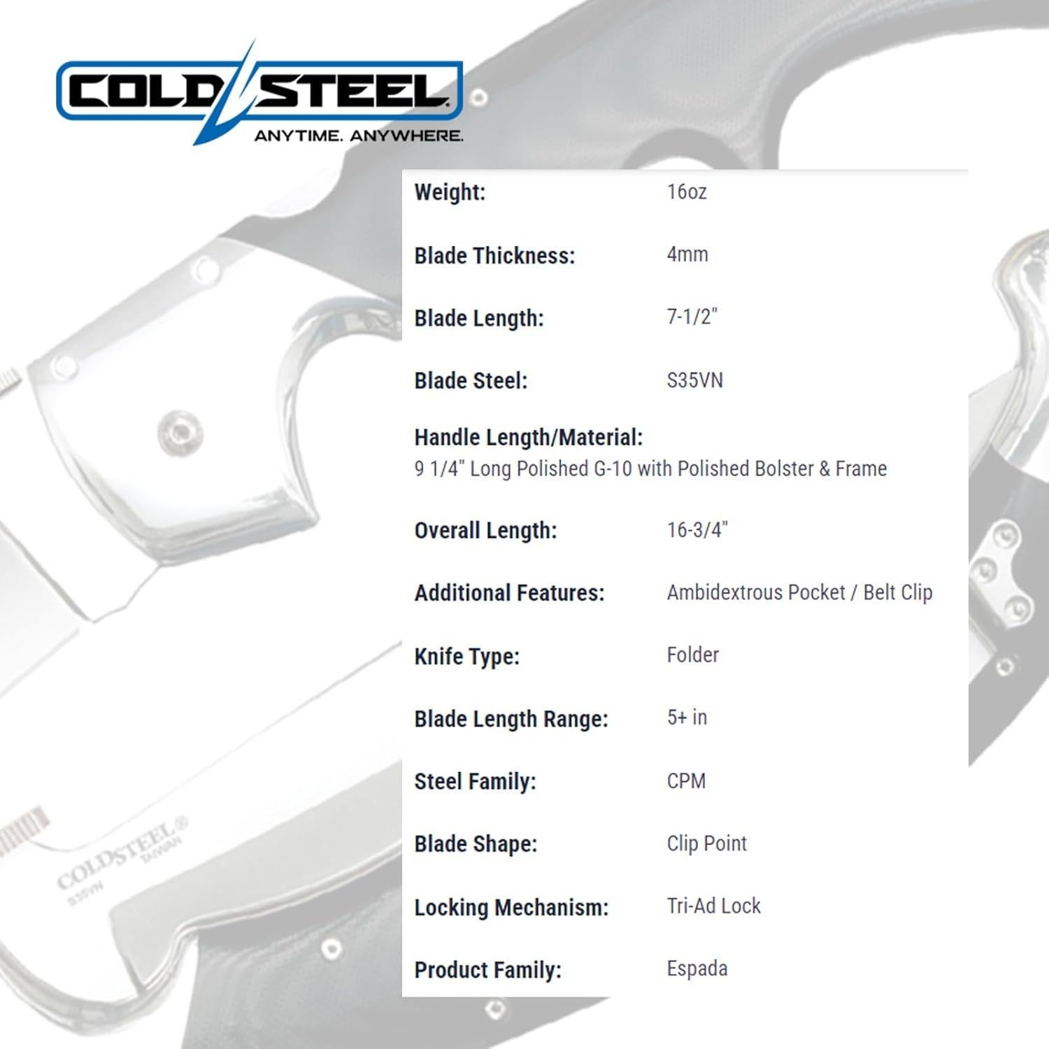 Cuchillo Plegable Cold Steel Espada XL 42.5 cm Acero S35VN