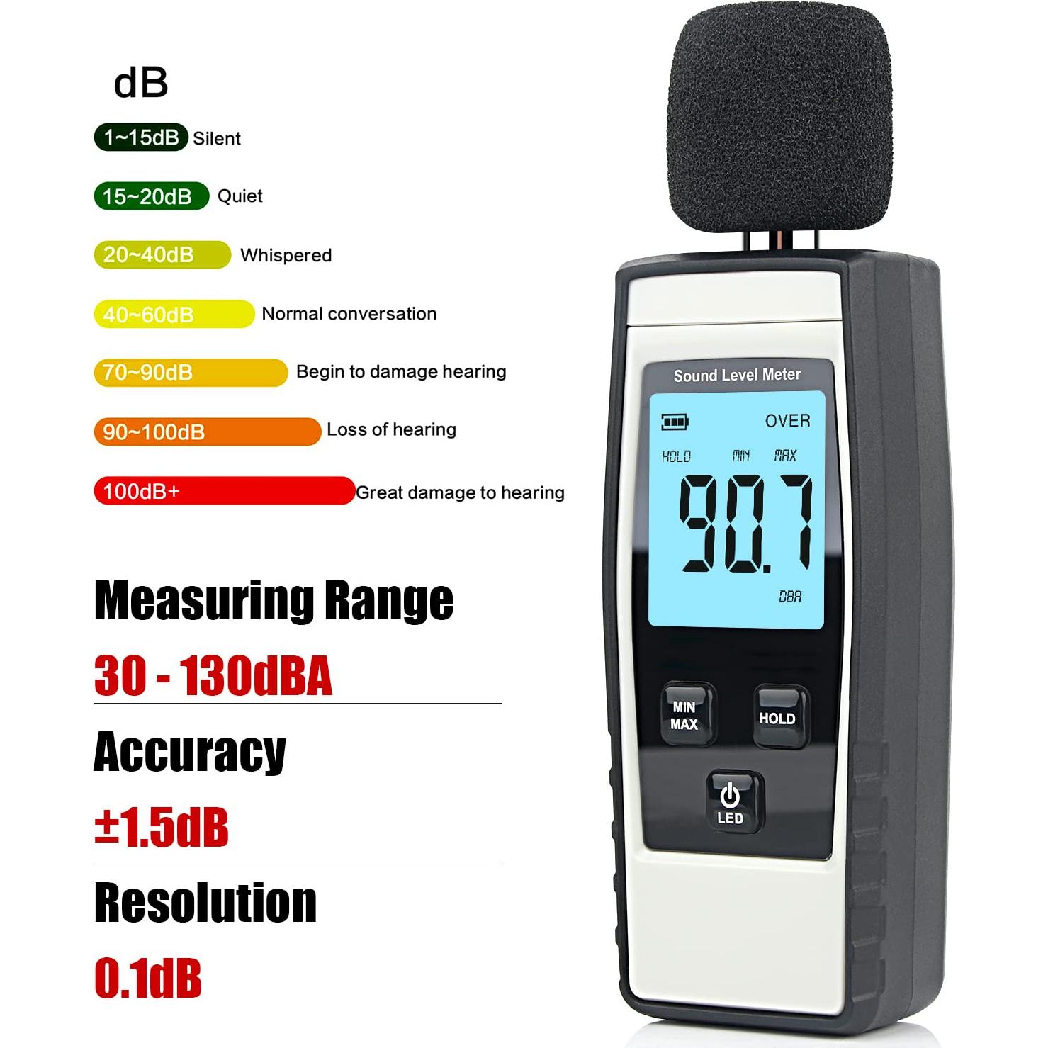 Medidor de Decibelios Digital XinJiaYi 30-130 dB(A) Gris