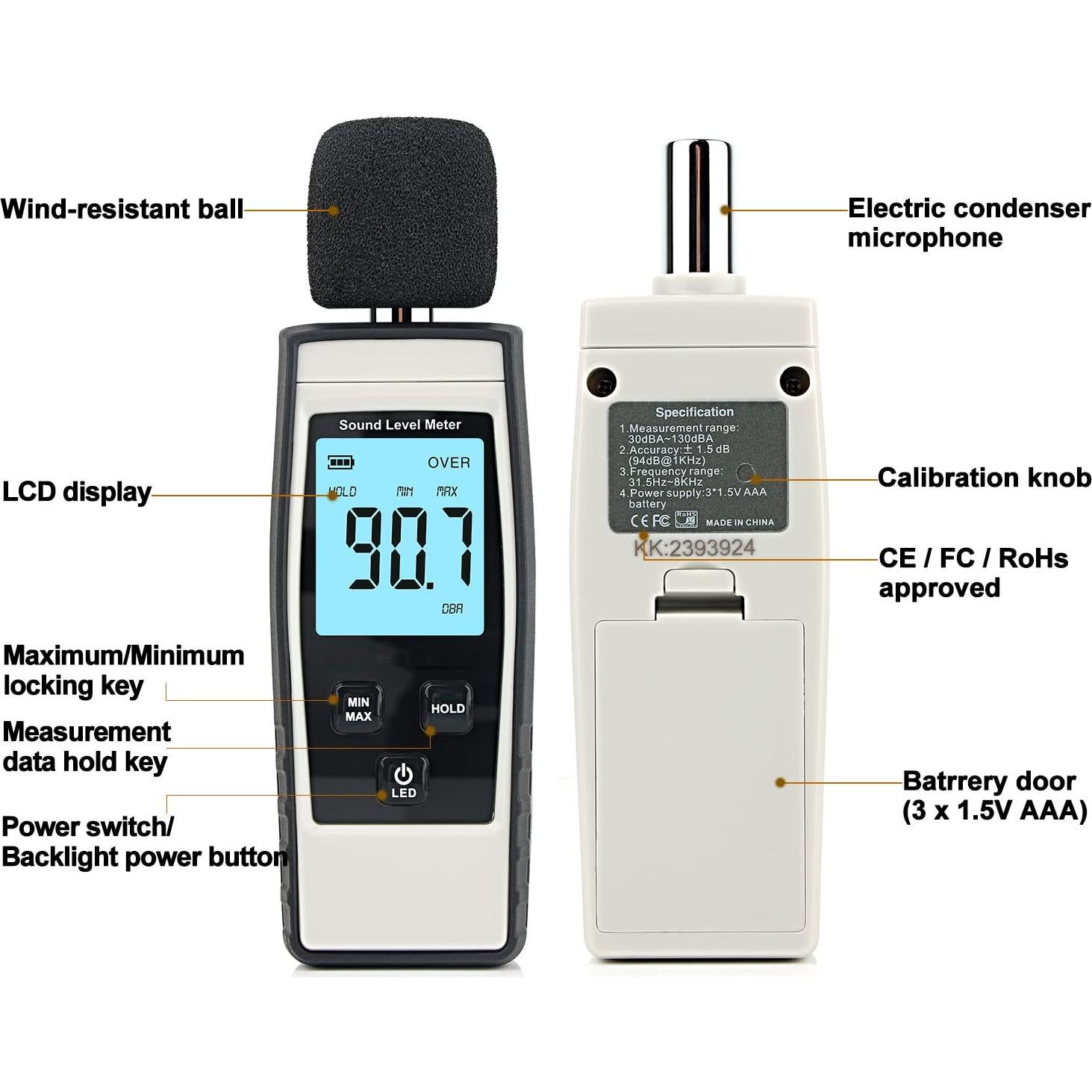 Medidor de Decibelios Digital XinJiaYi 30-130 dB(A) Gris