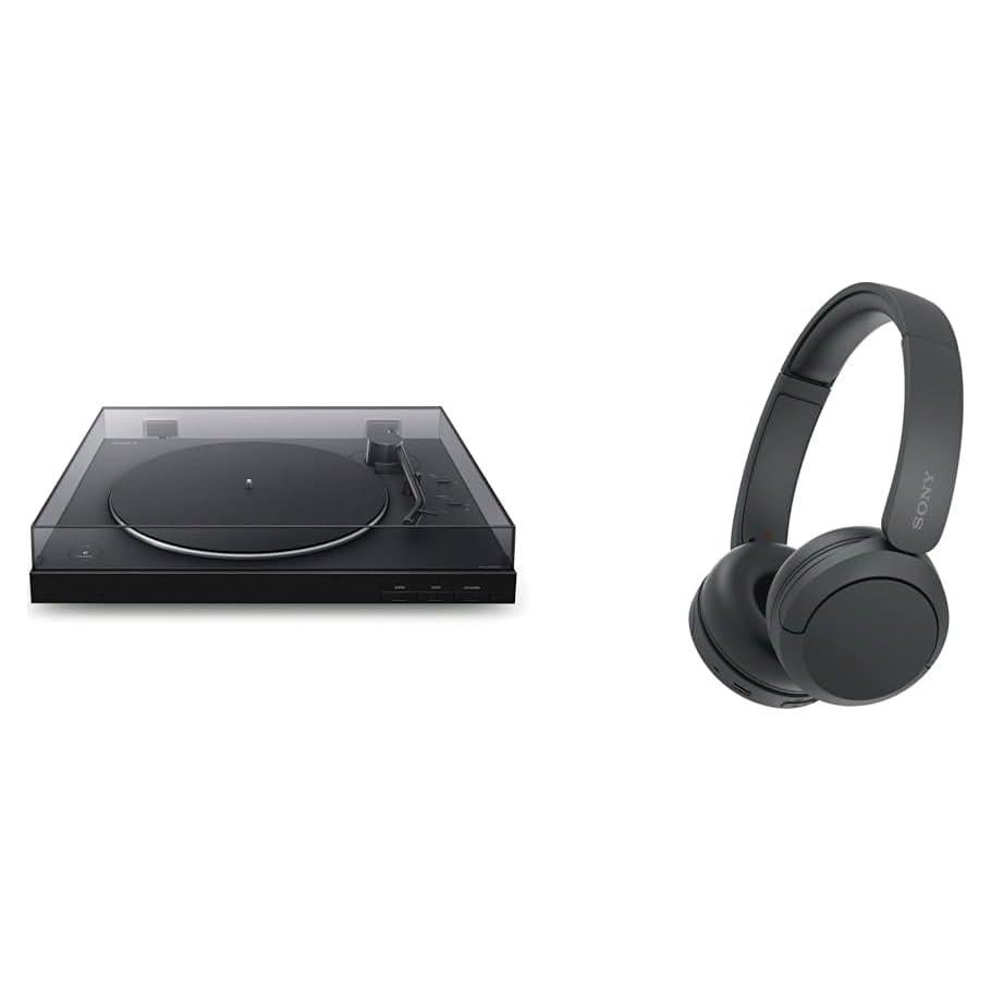 Sony PS-LX310BT Belt Drive Turntable: Fully Automatic Wireless Vinyl Record Player & WH-CH520 Wireless Headphones Bluetooth On-Ear Headset with Microphone, Black New