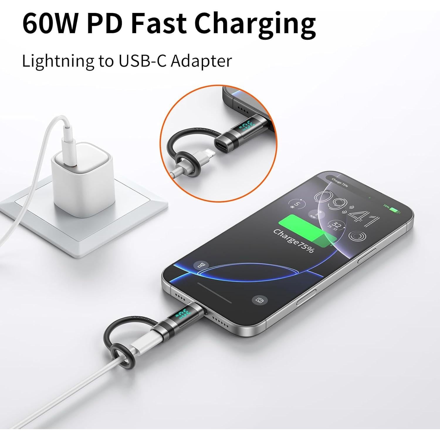 mcdodo 60W Lightning to USB-C Adapter with Digital Display, Lightning Female to Type-C Male Adapter PD Fast Charging&Data Transfer, Fit for iPhone 16/15 Pro ProMax Plus, iPad,MacBook,AirPods