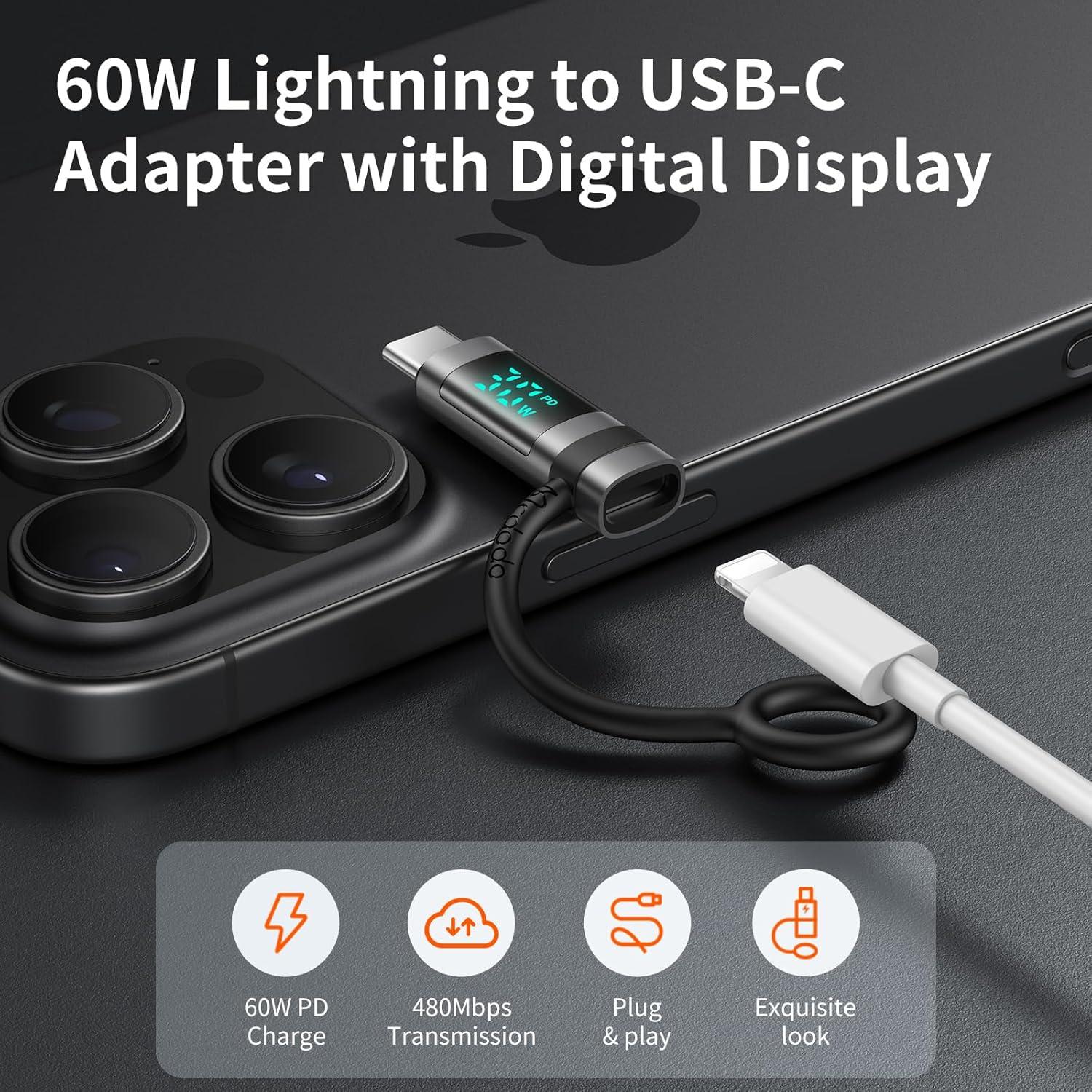 mcdodo 60W Lightning to USB-C Adapter with Digital Display, Lightning Female to Type-C Male Adapter PD Fast Charging&Data Transfer, Fit for iPhone 16/15 Pro ProMax Plus, iPad,MacBook,AirPods