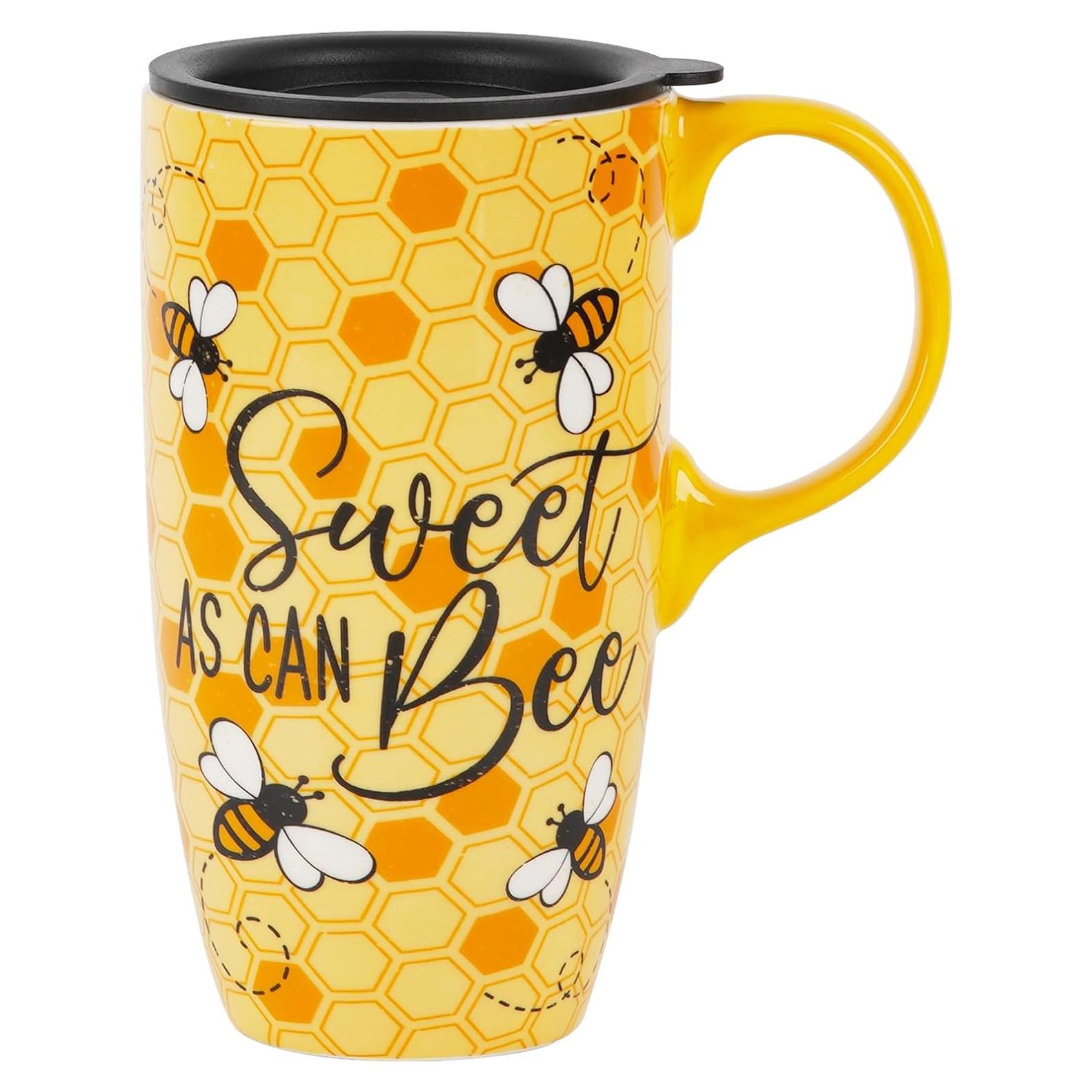 Taza de Viaje Cerámica Topadorn 500ml con Tapa y Asa Abeja