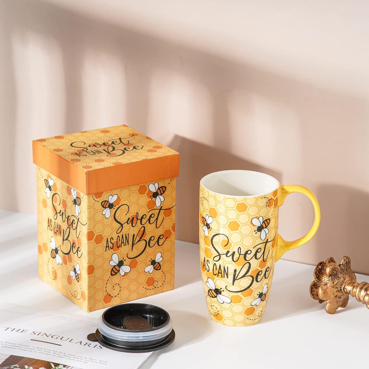 Taza de Viaje Cerámica Topadorn 500ml con Tapa y Asa Abeja
