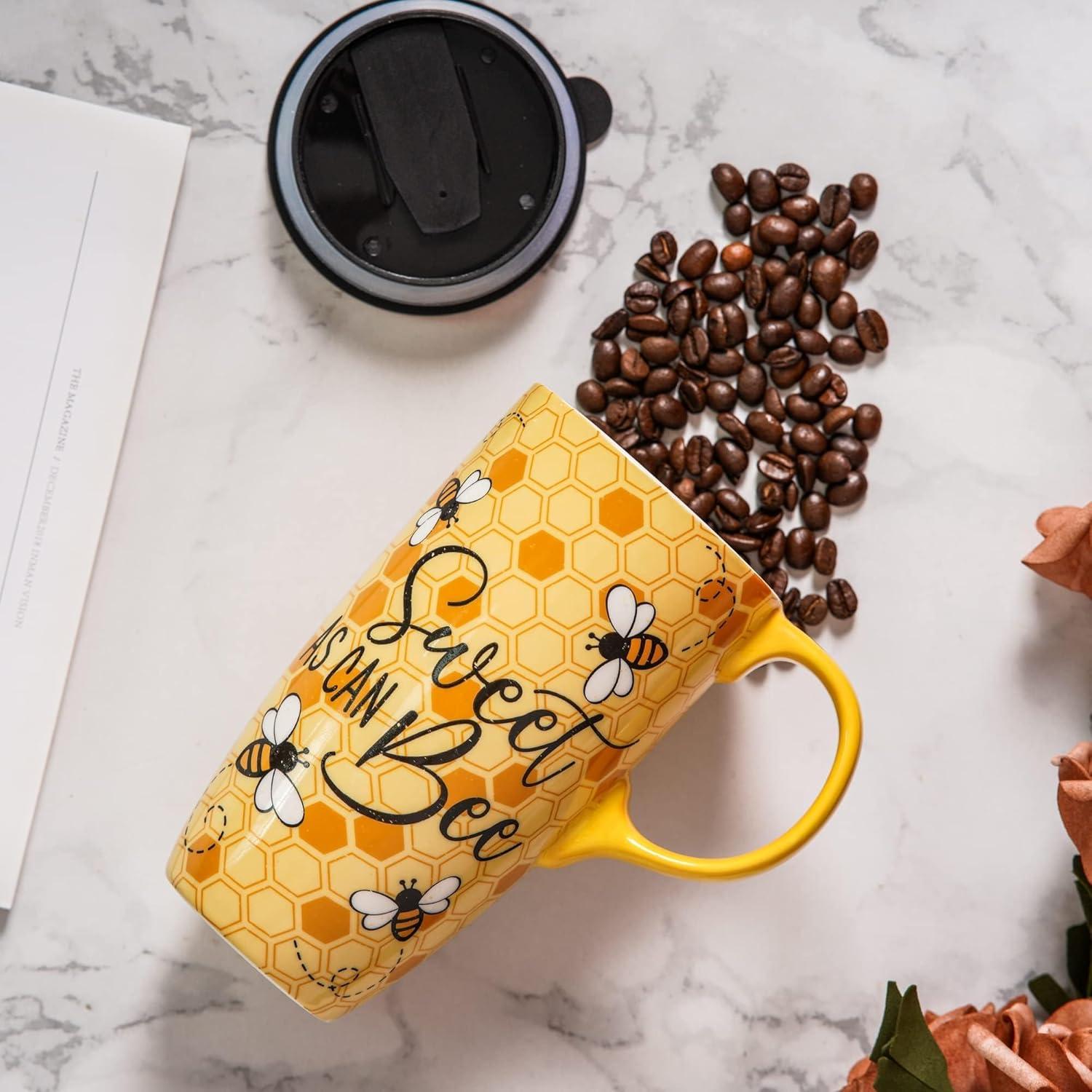 Taza de Viaje Cerámica Topadorn 500ml con Tapa y Asa Abeja