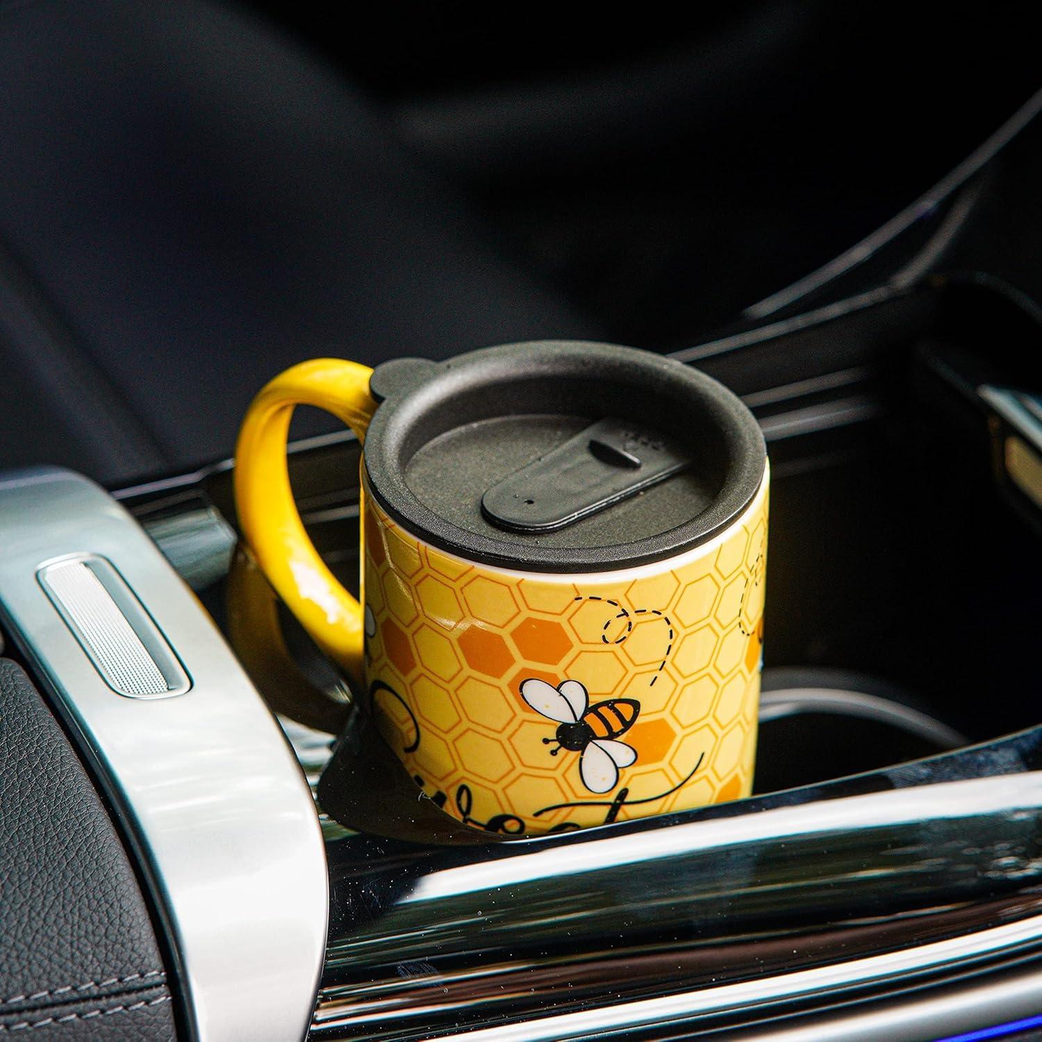 Taza de Viaje Cerámica Topadorn 500ml con Tapa y Asa Abeja