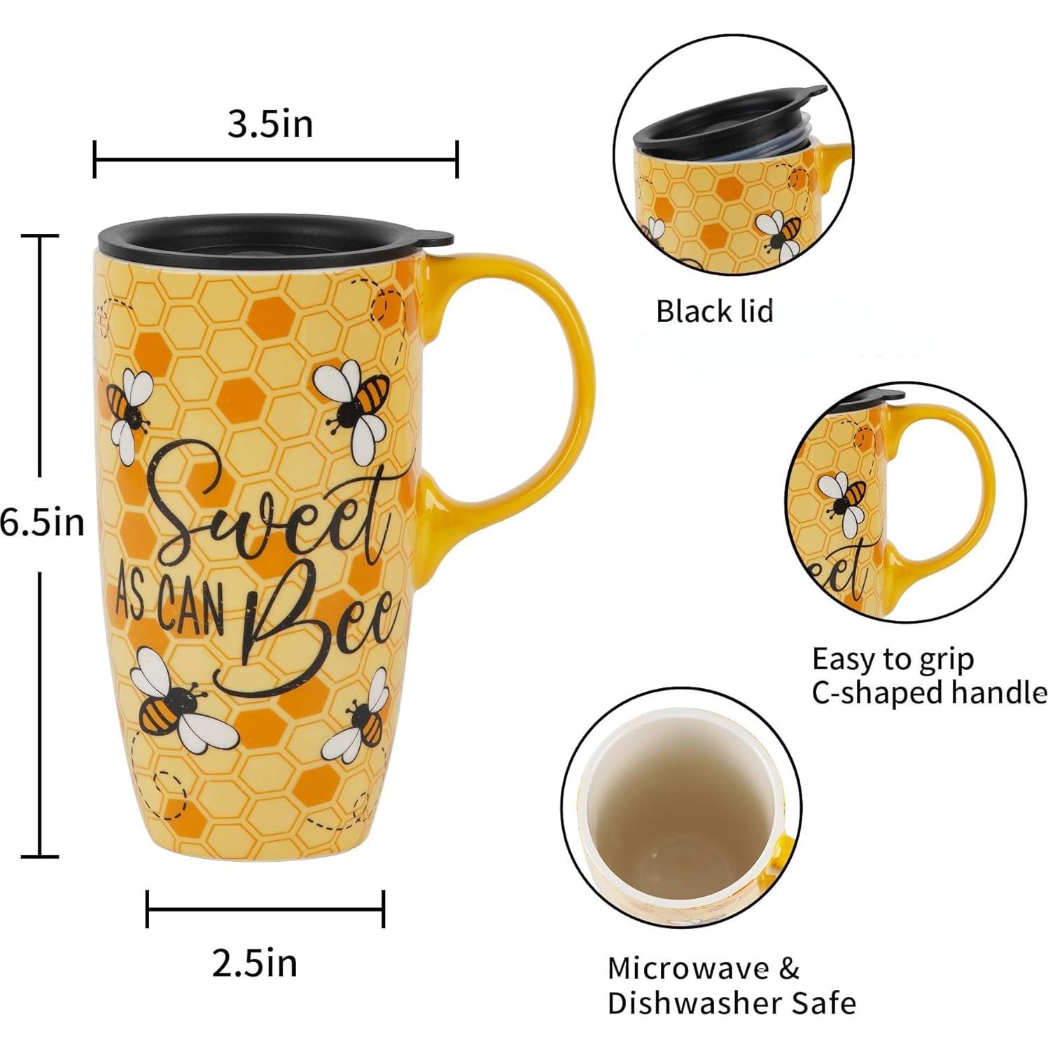 Taza de Viaje Cerámica Topadorn 500ml con Tapa y Asa Abeja