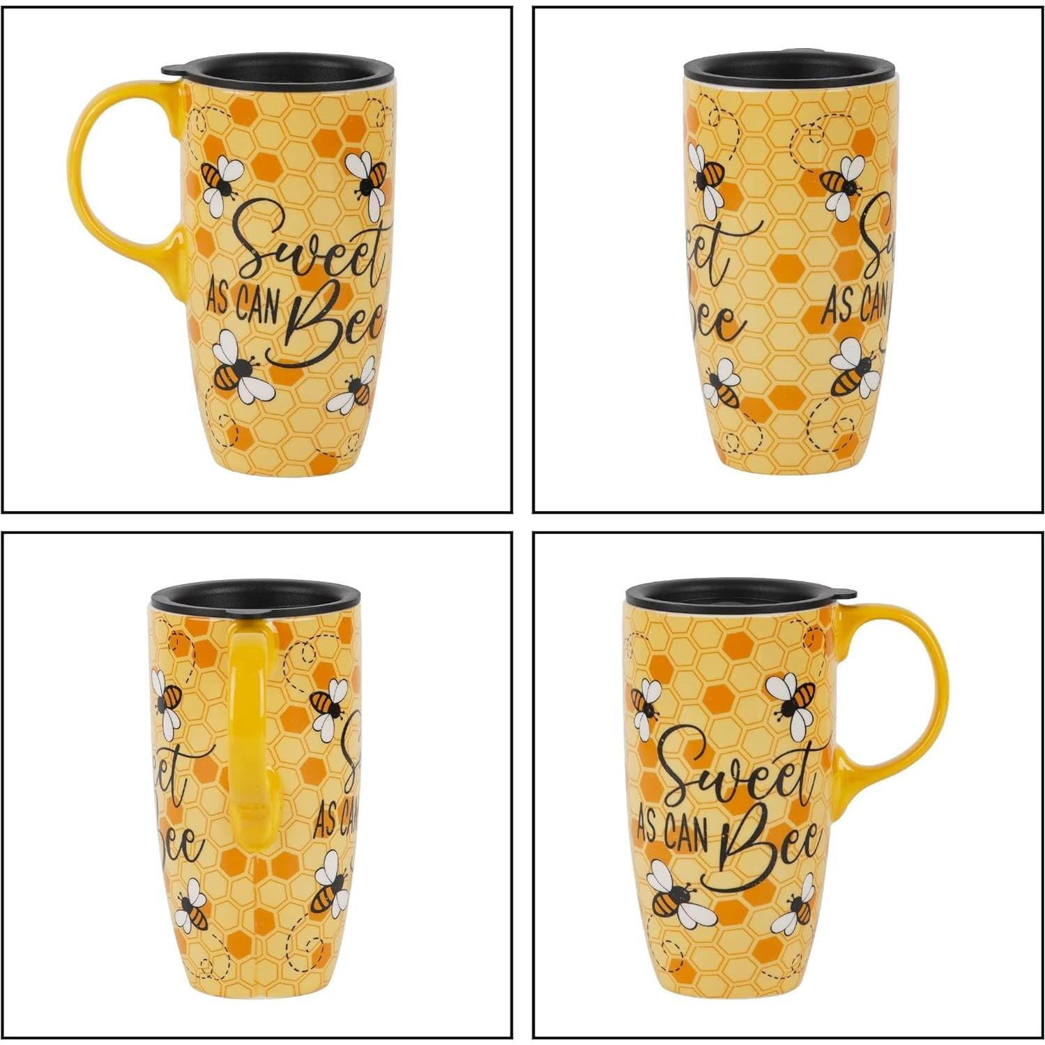 Taza de Viaje Cerámica Topadorn 500ml con Tapa y Asa Abeja