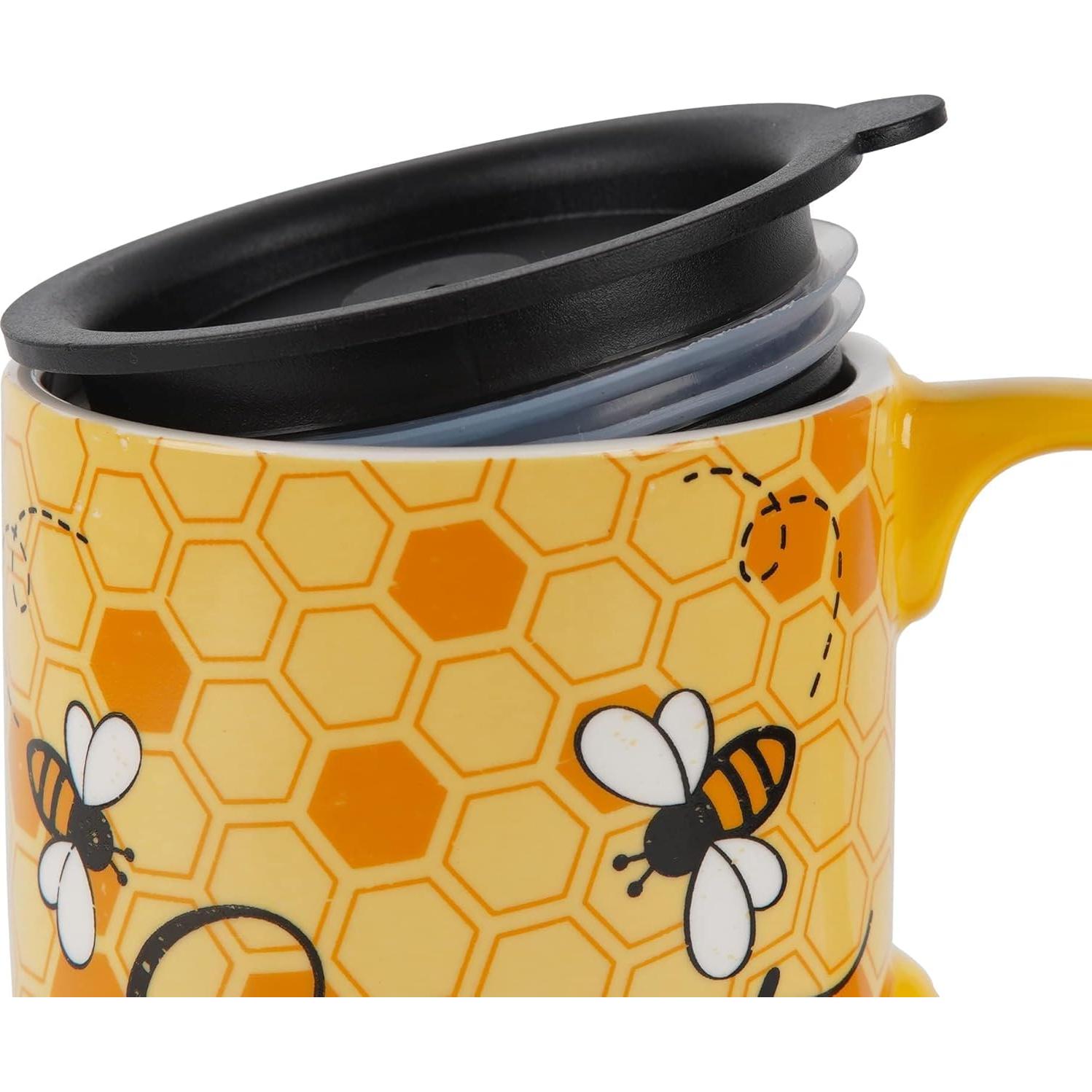 Taza de Viaje Cerámica Topadorn 500ml con Tapa y Asa Abeja
