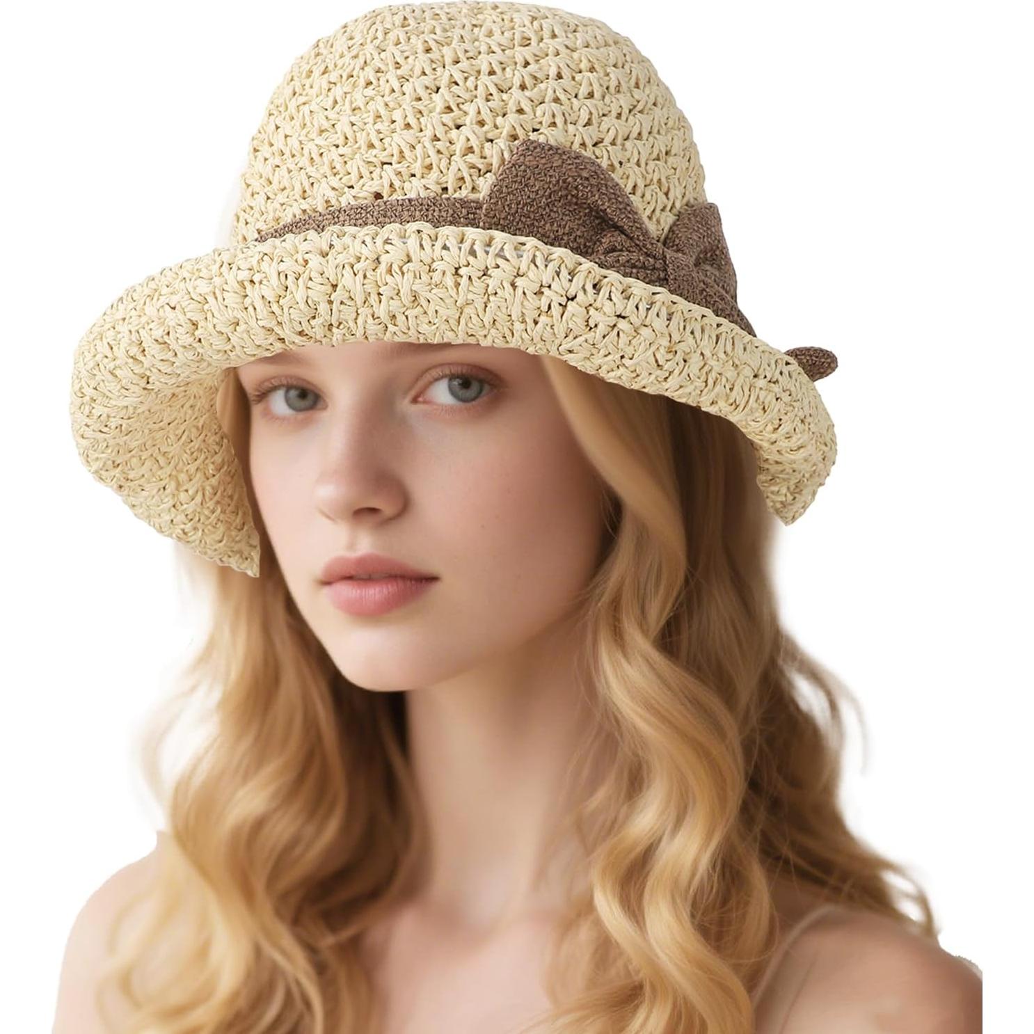 Sombrero de Paja Plegable para Mujer UPF 50+ Beige