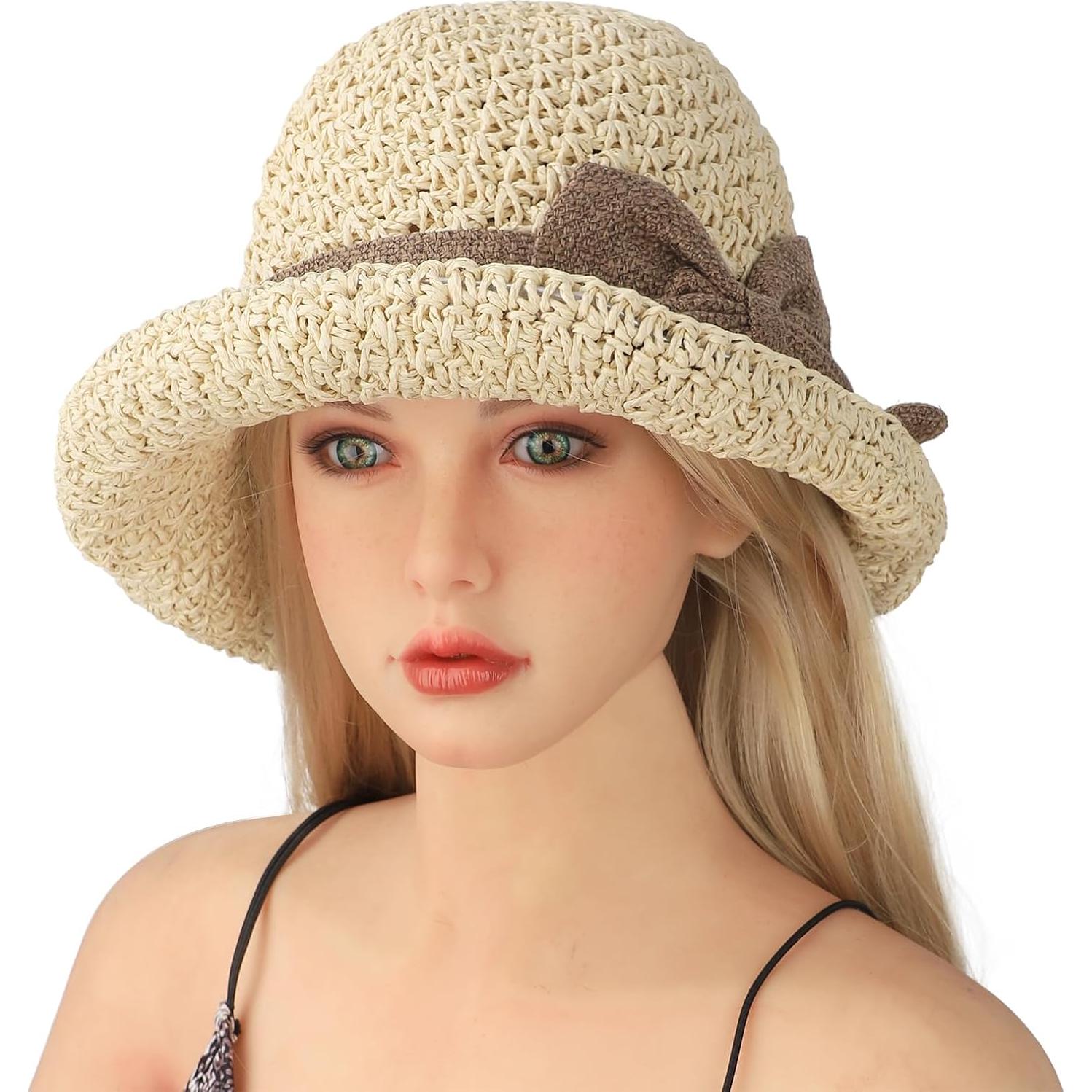 Sombrero de Paja Plegable para Mujer UPF 50+ Beige