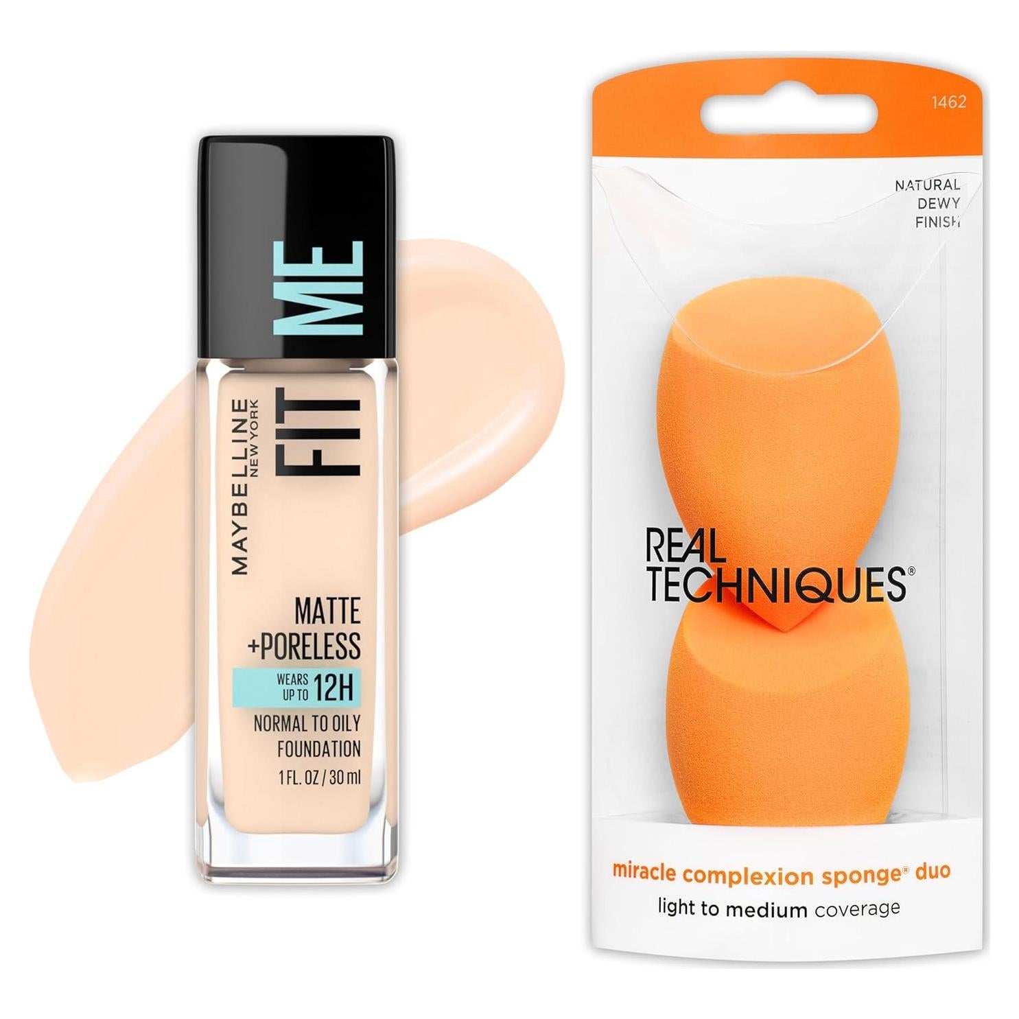 Base Líquida Maybelline Fit Me Mate + Sin Poros Marfil Claro y 2 Esponjas Real Techniques