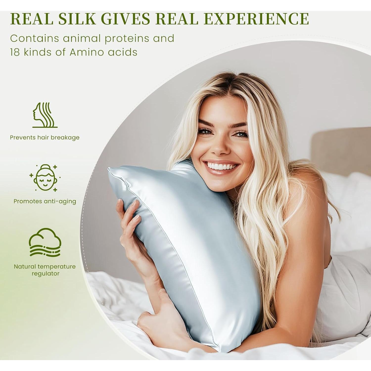 Funda de Almohada de Seda de Morera THXSILK Estándar Azul - Juego de 2