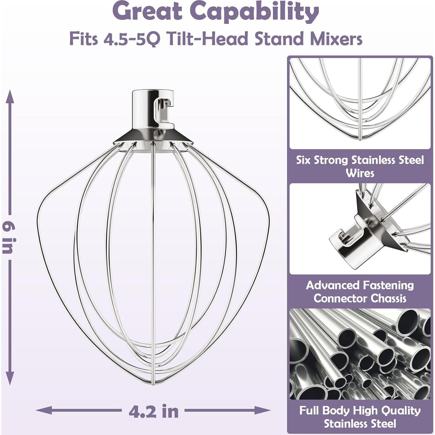 Batidor de 6 Alambres Acero Inoxidable GVODE para KitchenAid