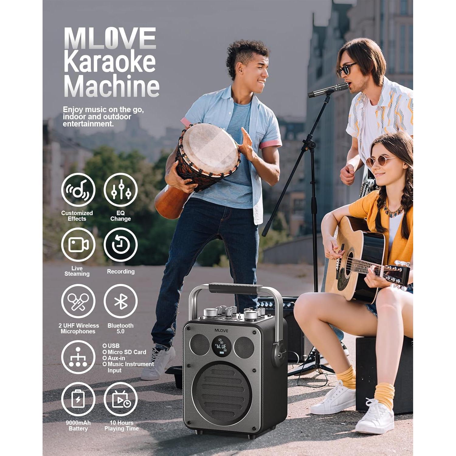 MLOVE D5 Karaoke Profesional Bluetooth 200W con 2 Micrófonos