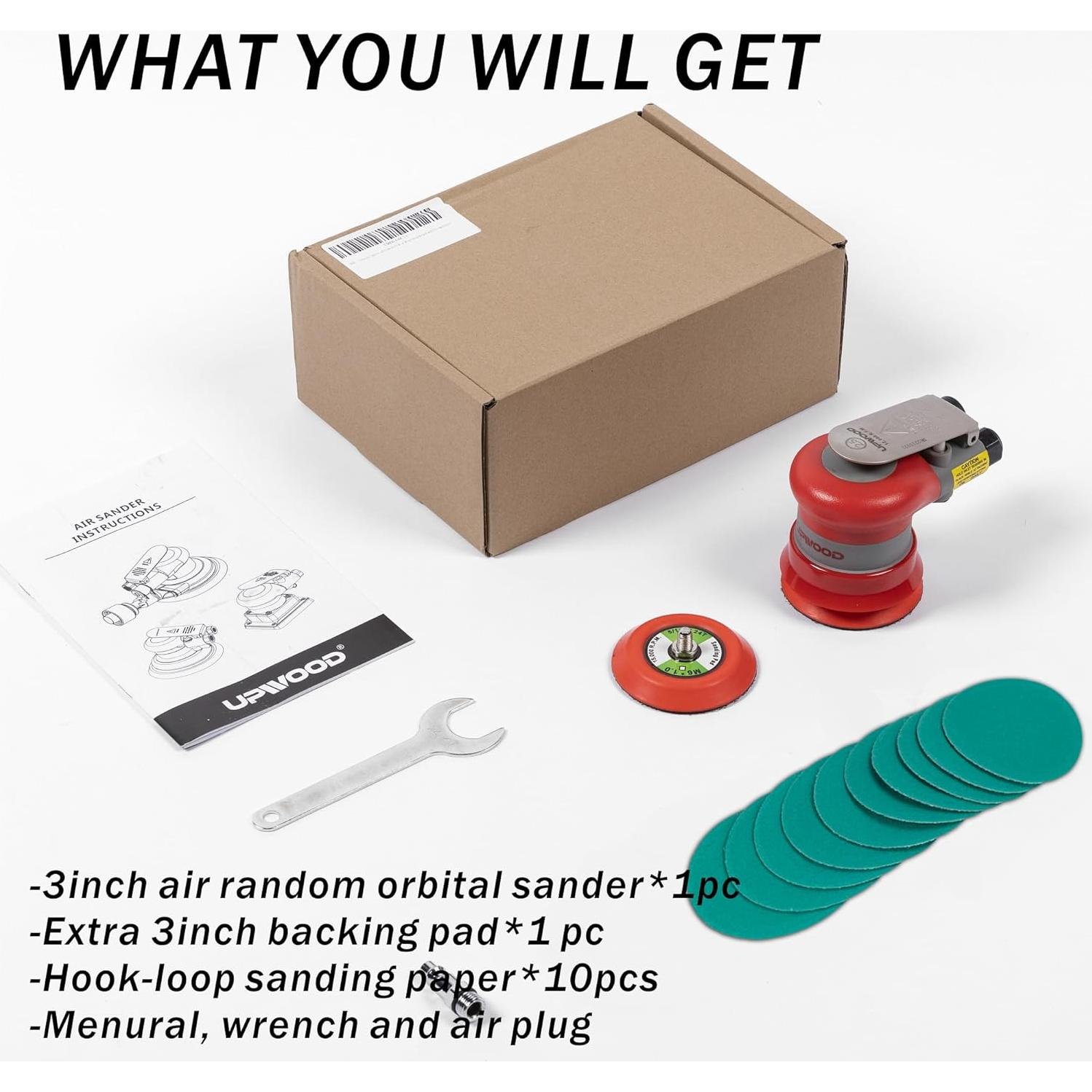 Lijadora orbital neumática UPWOOD 3" 12000 RPM con 12 lijas